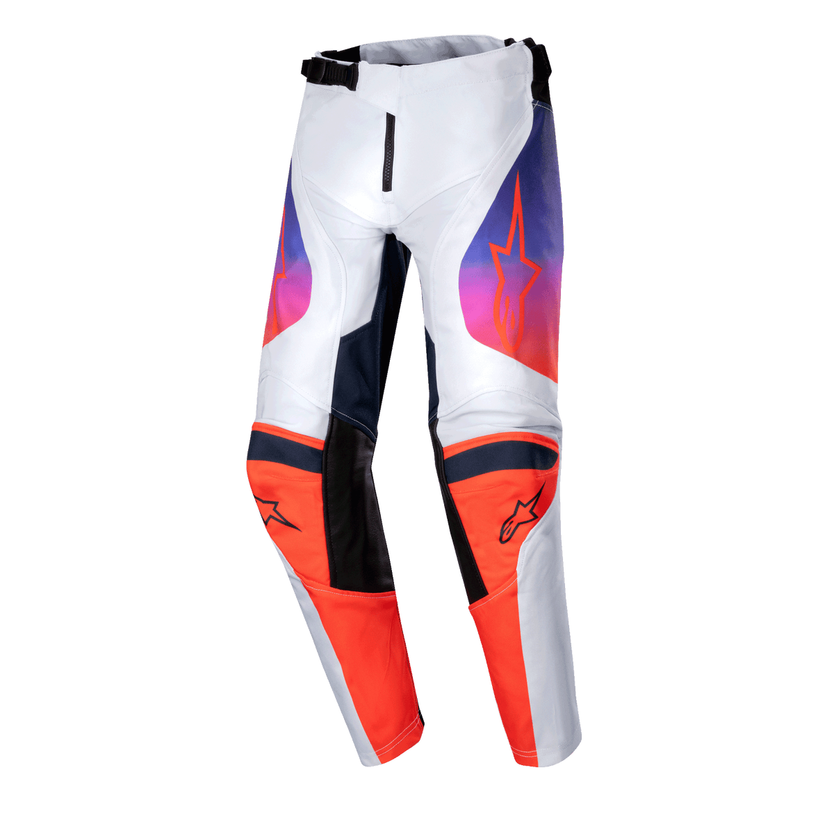 Alpinestars 2024 Youth Racer Hoen bukser, motocrossbukser til unge, lysgrå, hot orange og sort, med iøjnefaldende orange knæpaneler og sorte logoer, lilla-til-orange graduerede grafikker på lårene, ergonomisk forbuet design til off-road kørsel