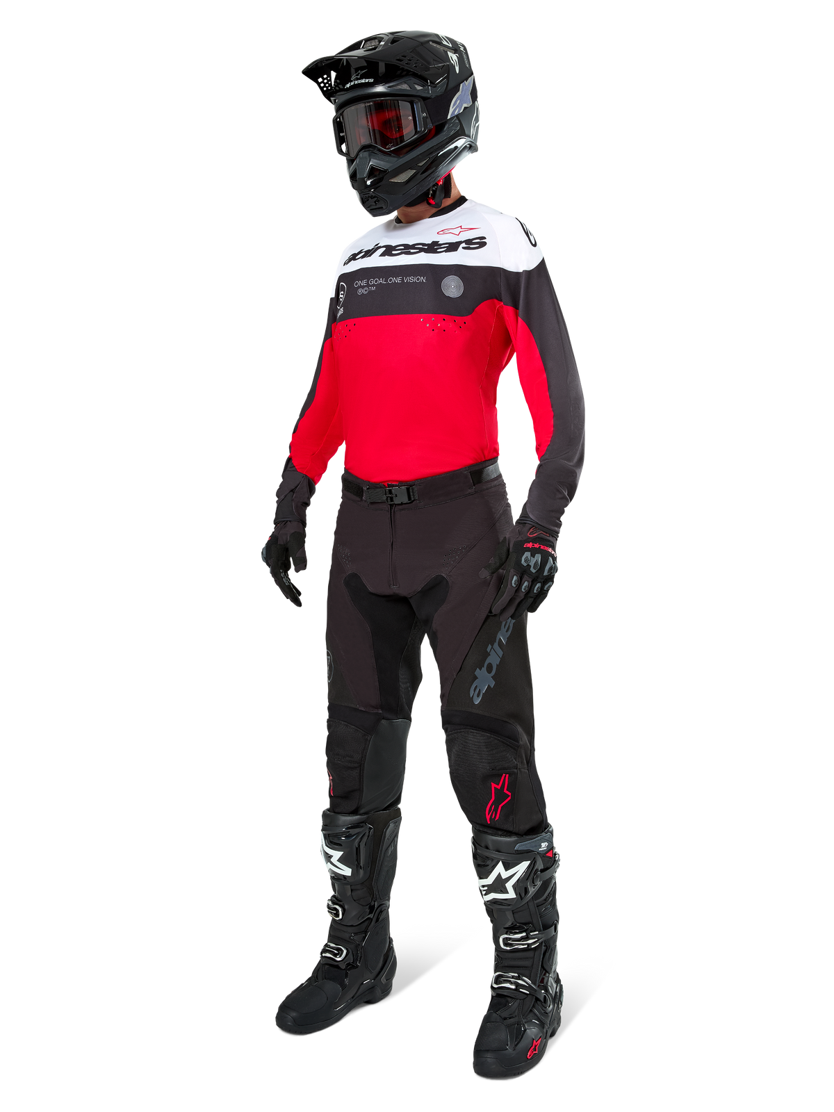 Alpinestars Pro-Dura trøje, motocross- og endurotrøje, sort, klar rød og hvid, vist med sorte bukser, sort hjelm og sort-hvide støvler, med markant branding på brystet og laserperforeringer, high-performance udstyr til terrænkørsel