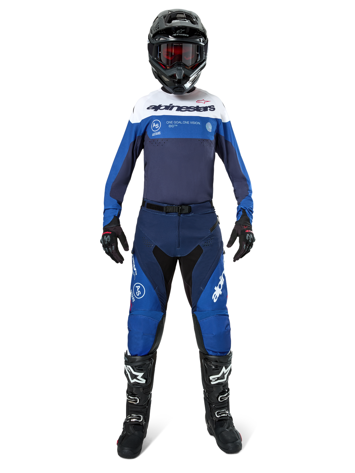 Alpinestars motocrosskører iført komplet racerudstyr, Pro-Dura Jersey i navy, lyseblå og hvid, matchende mørkeblå og blå bukser, sort hjelm med røde goggles, sort-hvide støvler, koordineret outfit til enduro og terrænkørsel