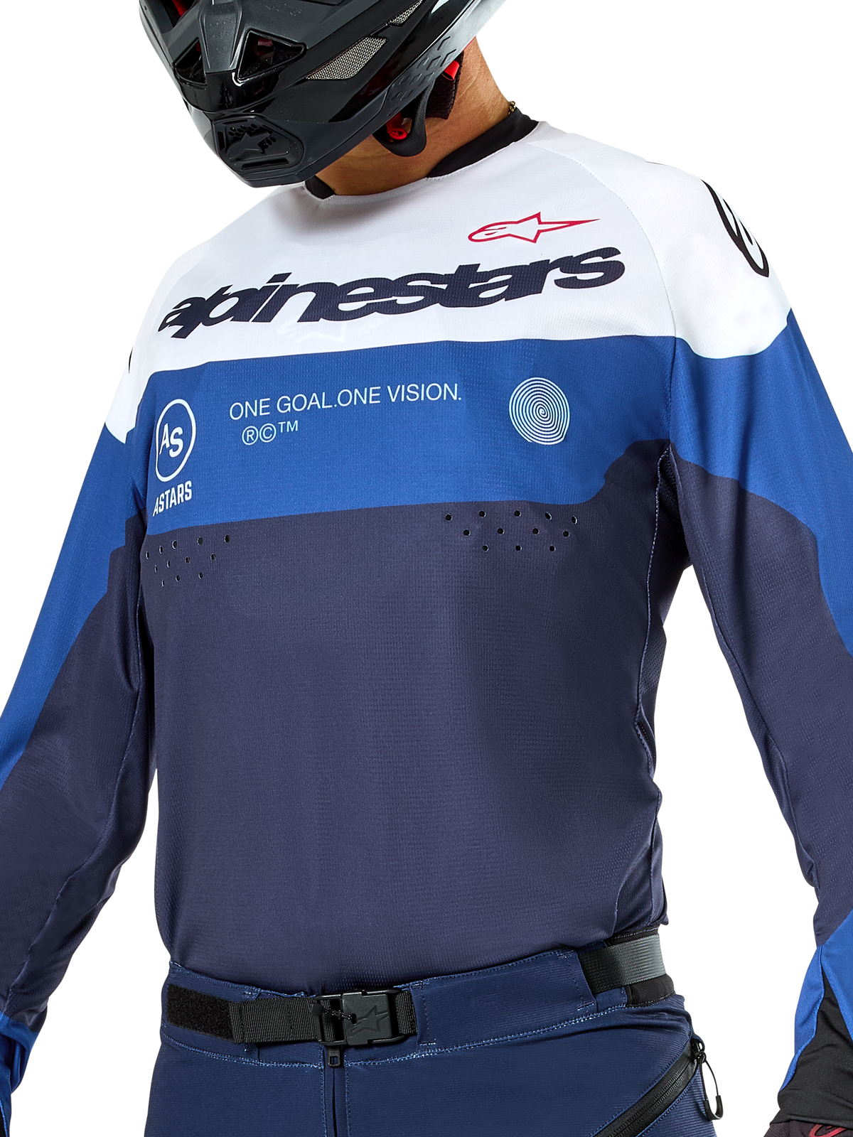 Alpinestars Pro-Dura trøje, enduro- og motocross-trøje, marineblå, klar blå og hvid, atletisk pasform med markant branding, slidstærk tekstilkonstruktion til off-road præstation