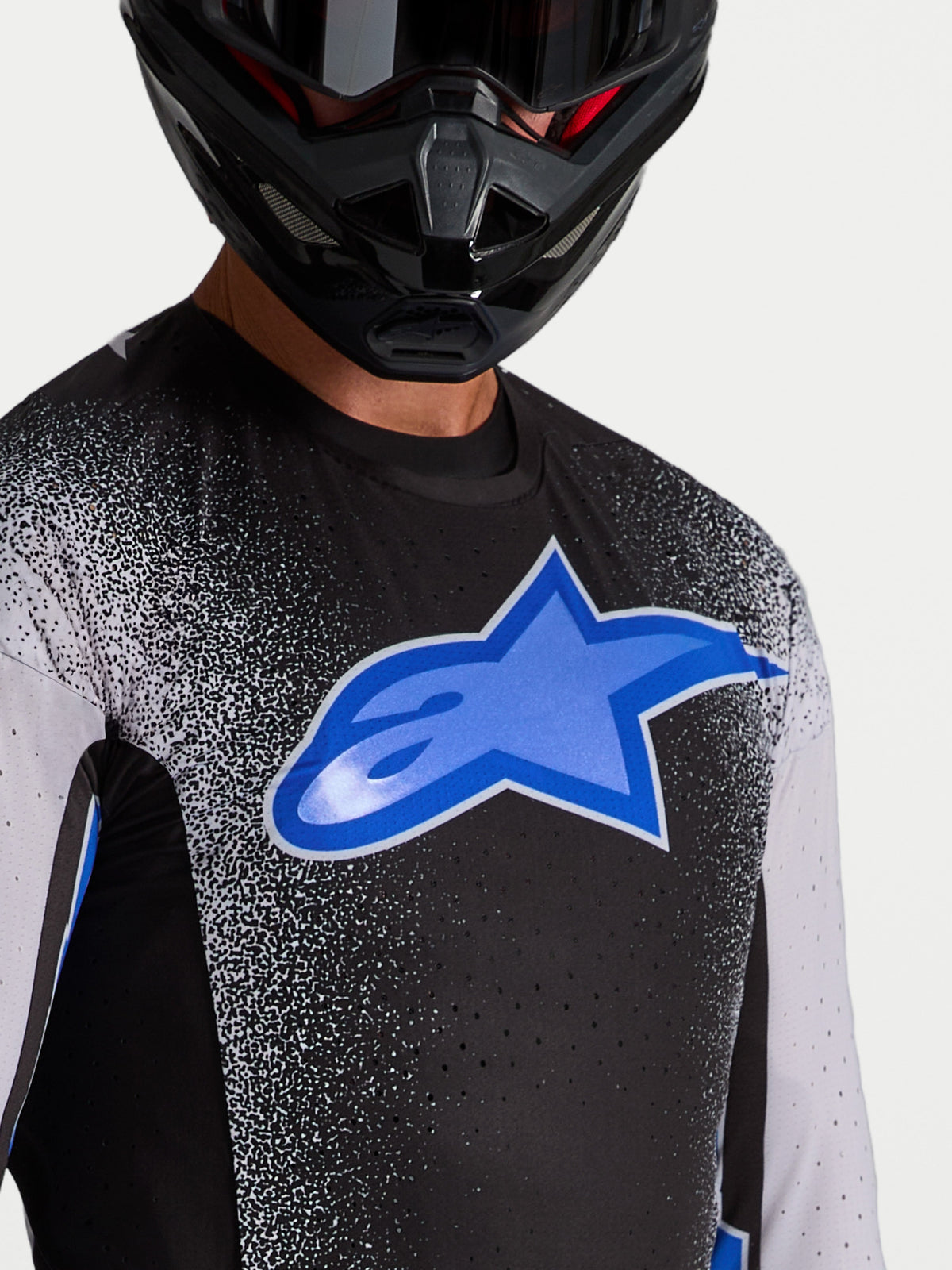 Alpinestars Supertech Hiten AFD trøje, sort og blå herre-motocross-racingtrøje med laserskåret ventilation og stort logo