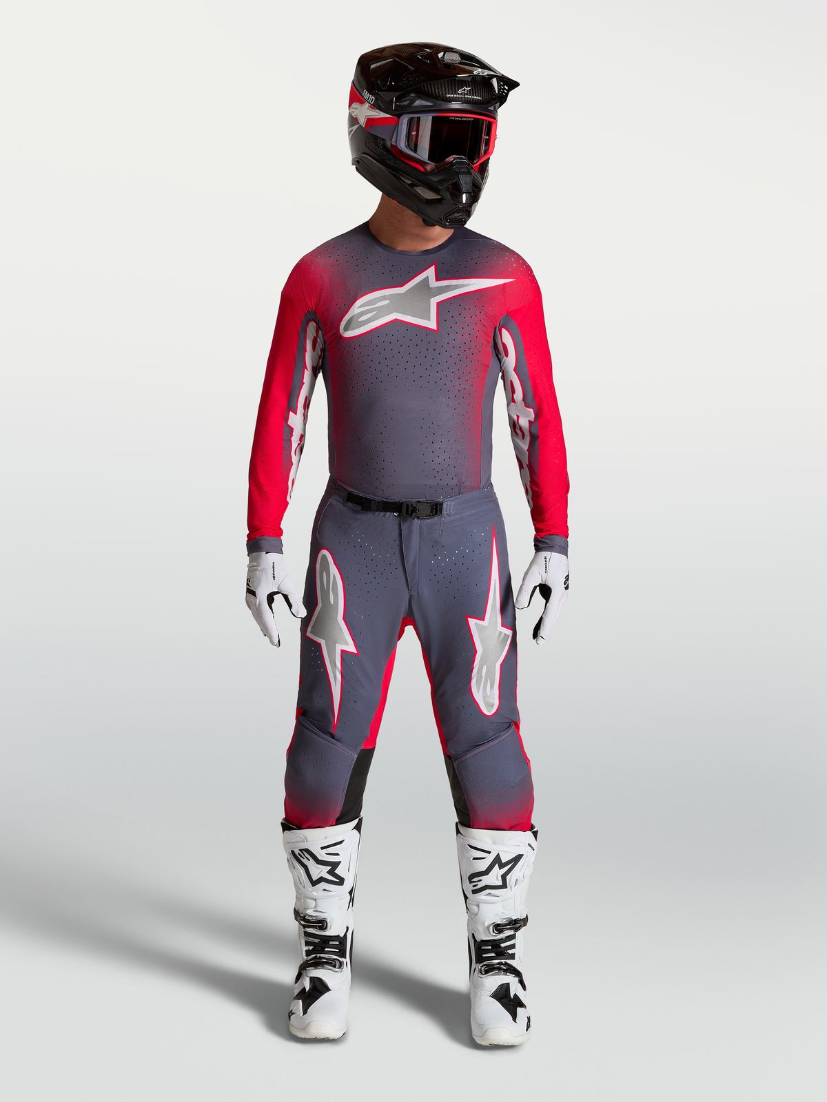 Alpinestars Supertech Hiten AFD trøje, grå og fluorød motocrosstrøje med atletisk pasform og ventileret mesh.