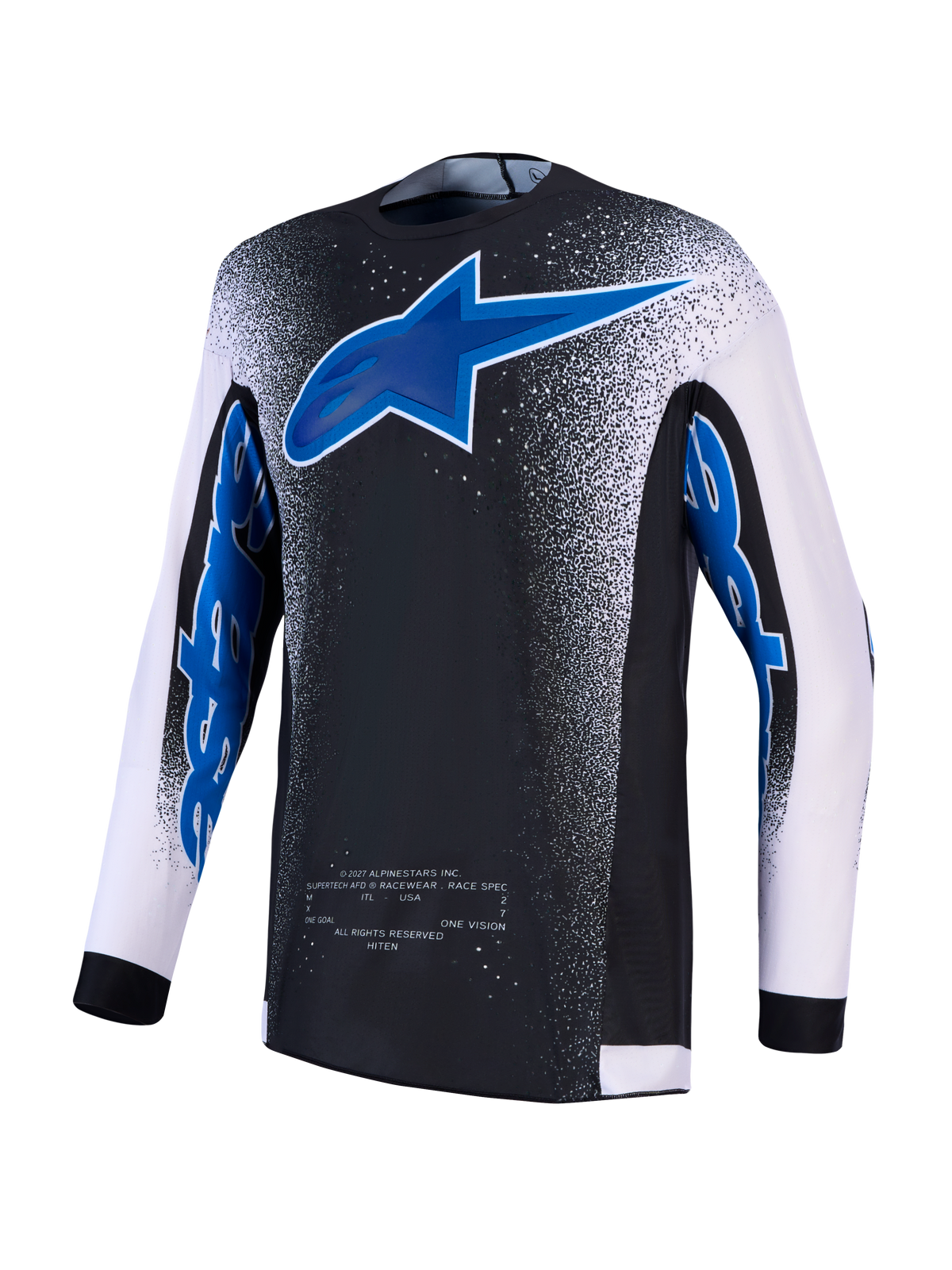 Alpinestars Supertech Hiten AFD trøje, motocrosstrøje i sort, blå og hvid med ventileret mesh.