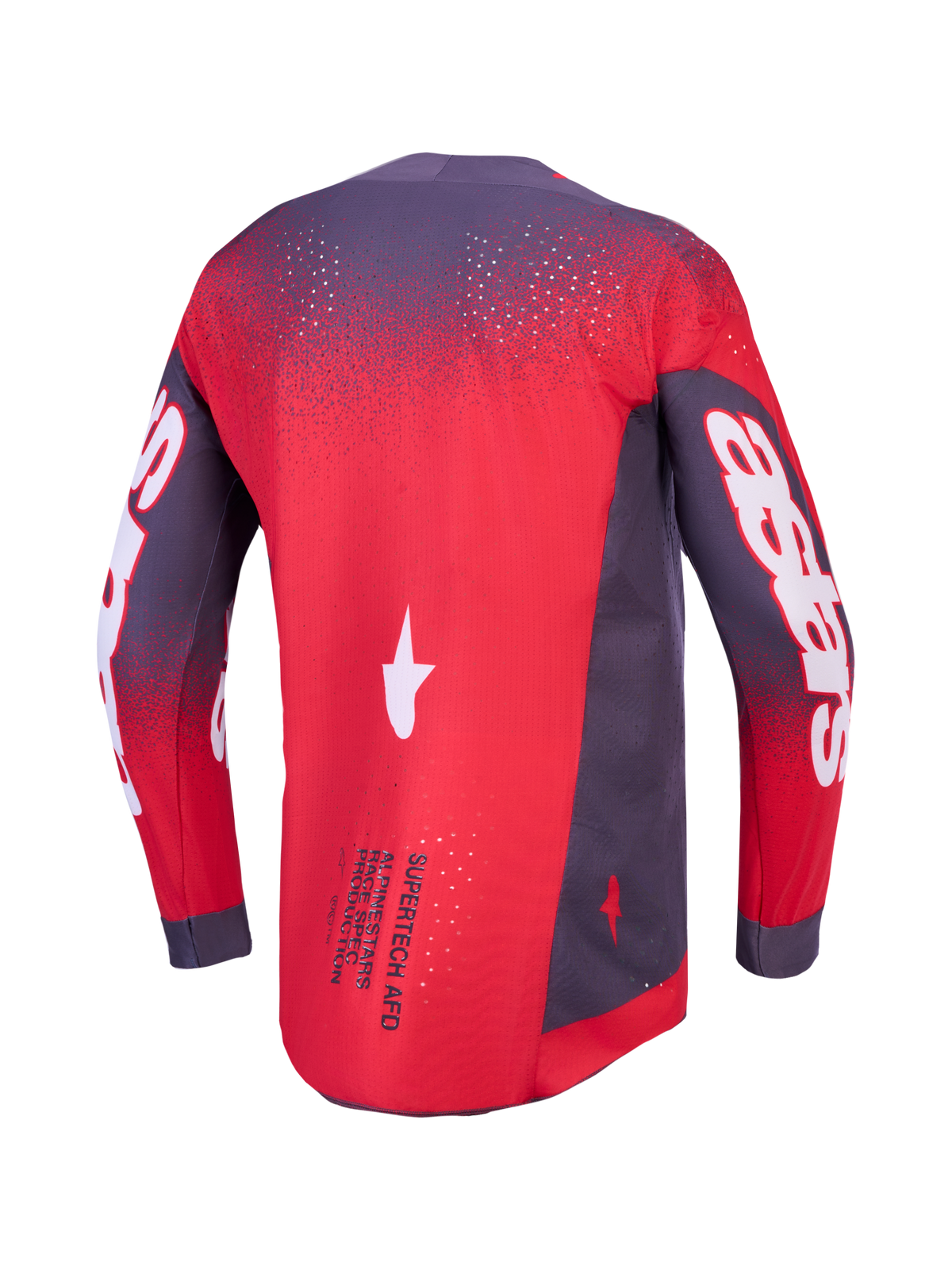 Alpinestars Supertech Hiten AFD trøje, ventileret herremotocross-racetrøje, rød og grå, atletisk pasform, set bagfra.
