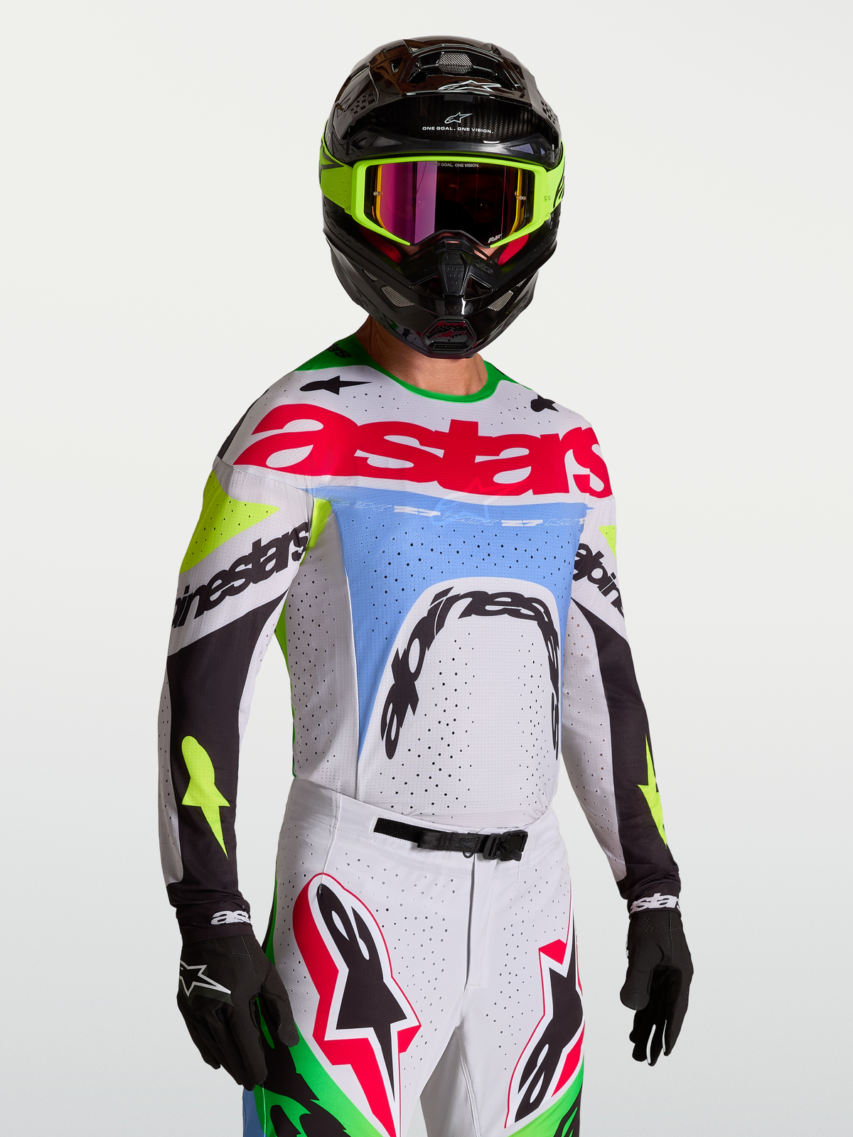 Alpinestars Supertech Dyna Jersey, Men's Motocross Jersey, Light Lilac and Green Fluo, stretch mesh with laser-cut ventilation.