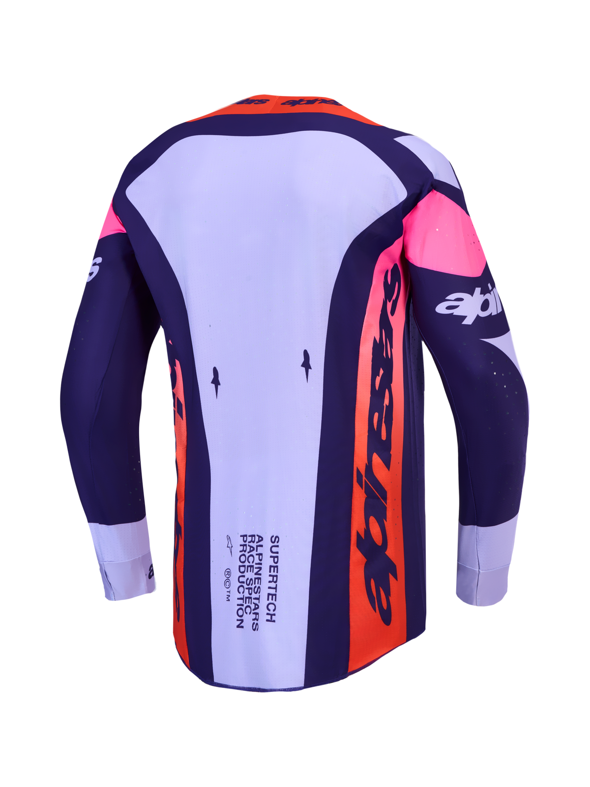 Alpinestars Supertech Dyna Jersey, purple and pink fluo motocross racing top, back view showing ventilated stretch mesh.