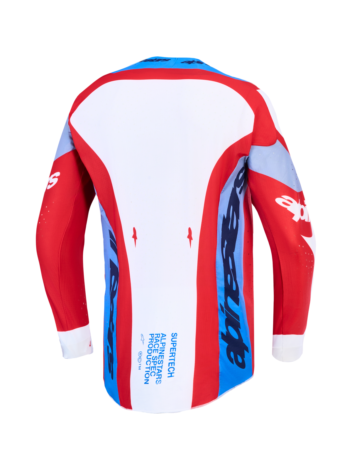 Alpinestars Supertech Dyna Jersey, red, white and navy blue motocross racing shirt, back view with extended rear hem.