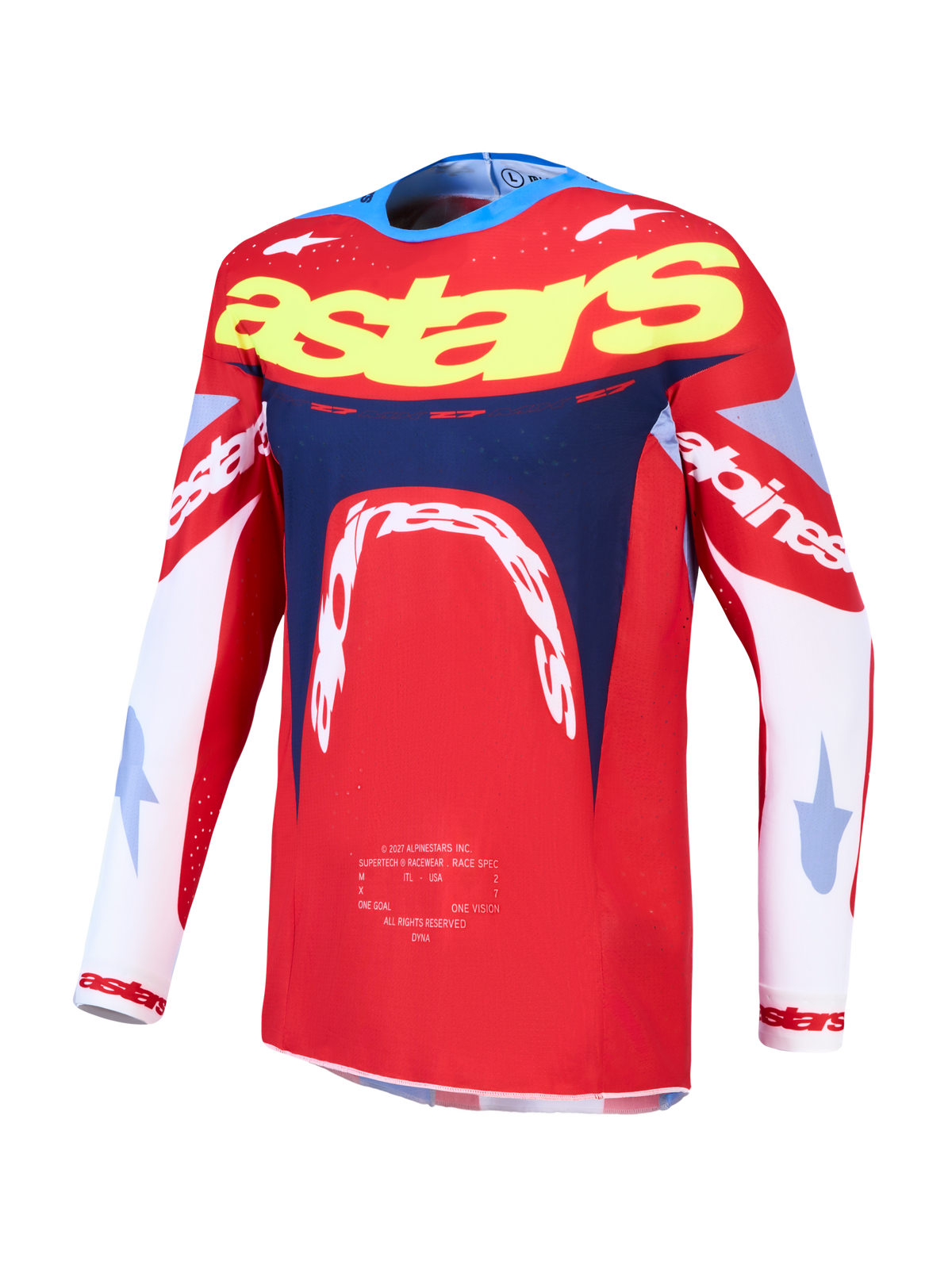 Alpinestars Supertech Dyna Jersey, men's red and navy blue motocross racing jersey with lightweight stretch mesh.