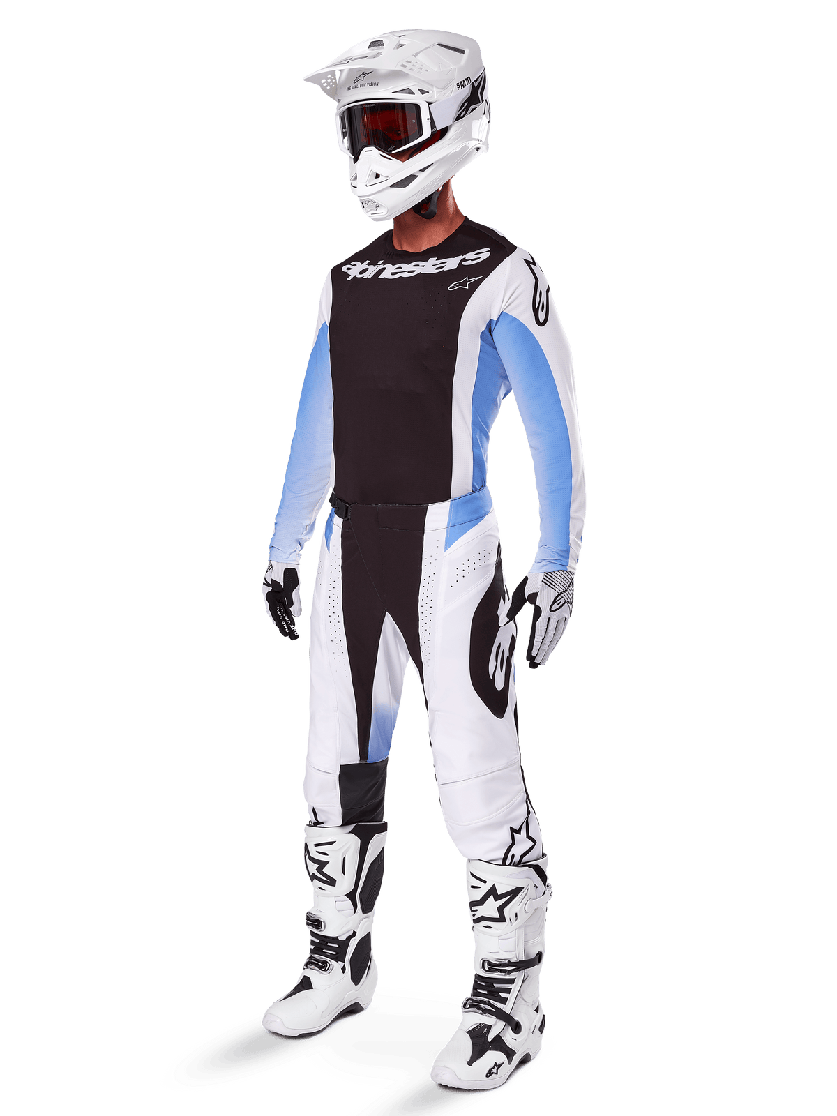 2025 Techstar Melt Gear Set, Complete Motocross Outfit, Black Jersey with White and Blue Sleeves, White Pants with Black and Blue Accents, White Helmet, Black and White Gloves, White Boots with Black Details, Full MX Protection Kit