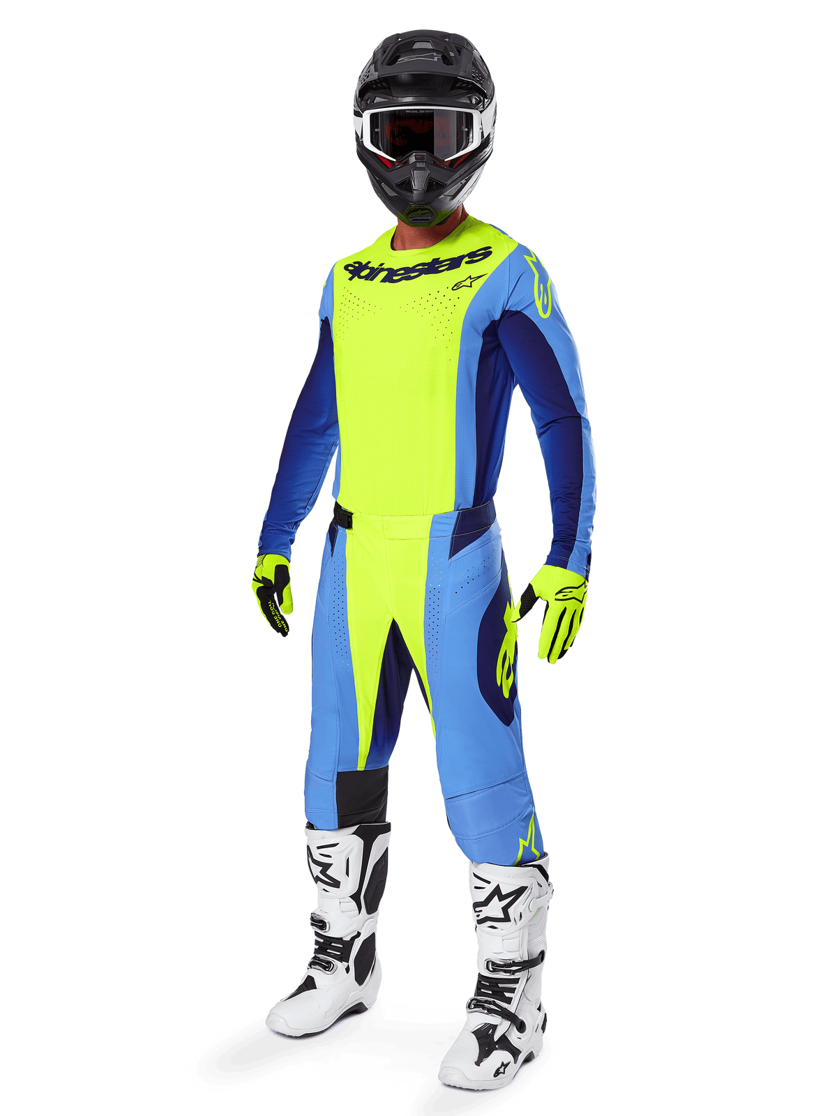 Motocross-rytter iført Alpinestars 2025 Techstar Melt jersey, fluorgul og blå, kombineret med matchende bukser, sort hjelm med goggles, gule handsker og hvide og sorte støvler, komplet koordineret performance-udstyr til terrænkørsel