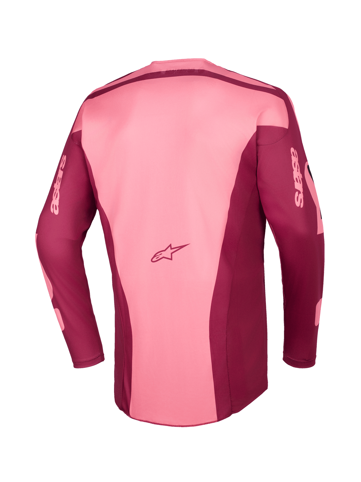 Alpinestars 2026 Racer Riway Jersey, motocross trøje, Dark Red Coral, set bagfra med multi-panel konstruktion, Astars-logo på den nederste del af ryggen og Astars-branding på de lange ærmer, performance off-road udstyr