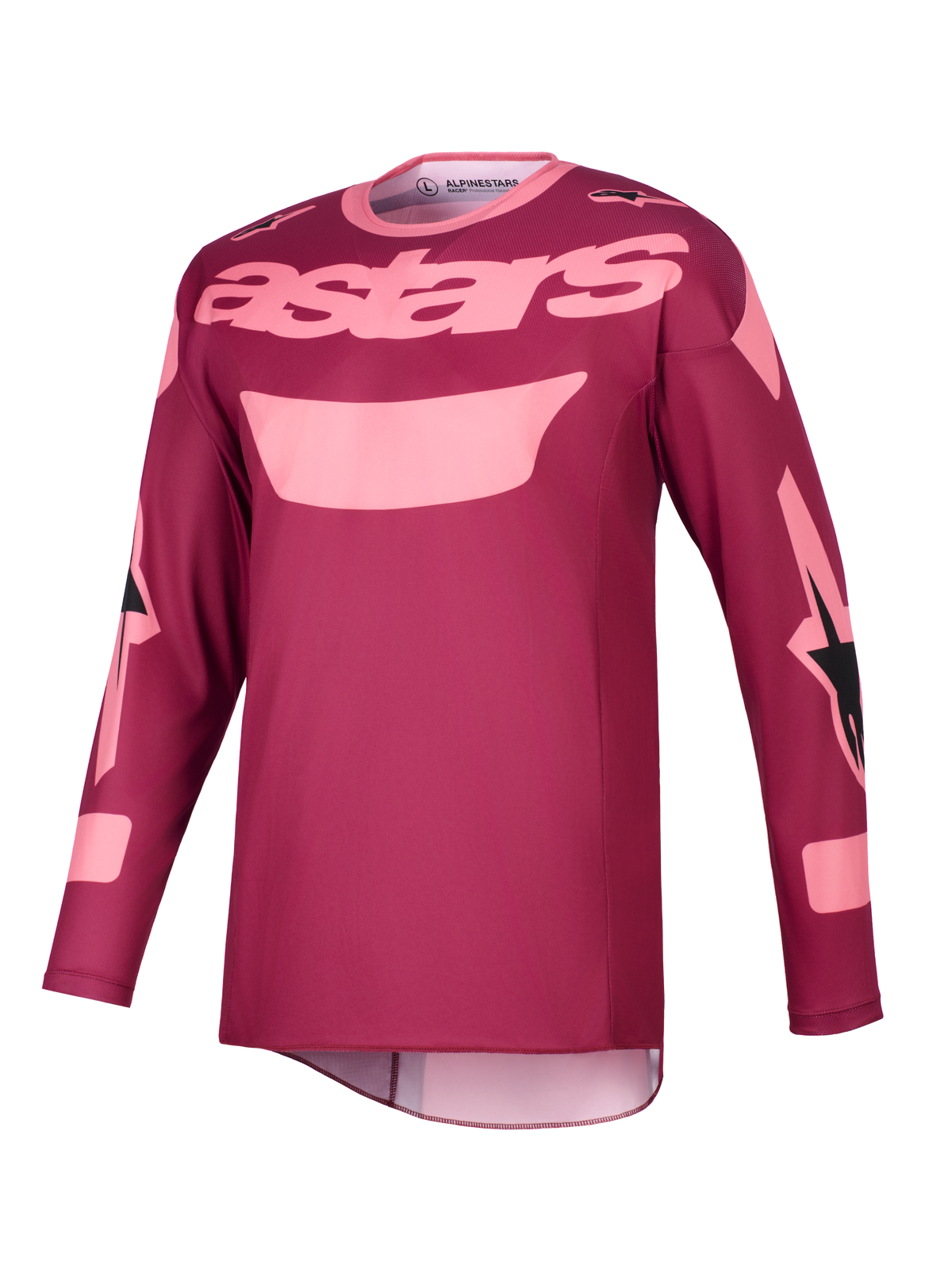 Alpinestars 2026 Racer Riway trøje, motocross-trøje, Dark Red Coral, med lyserød "astars"-tekst på brystet og grafiske detaljer på ærmerne, langærmet teknisk køreudstyr til off-road kørsel