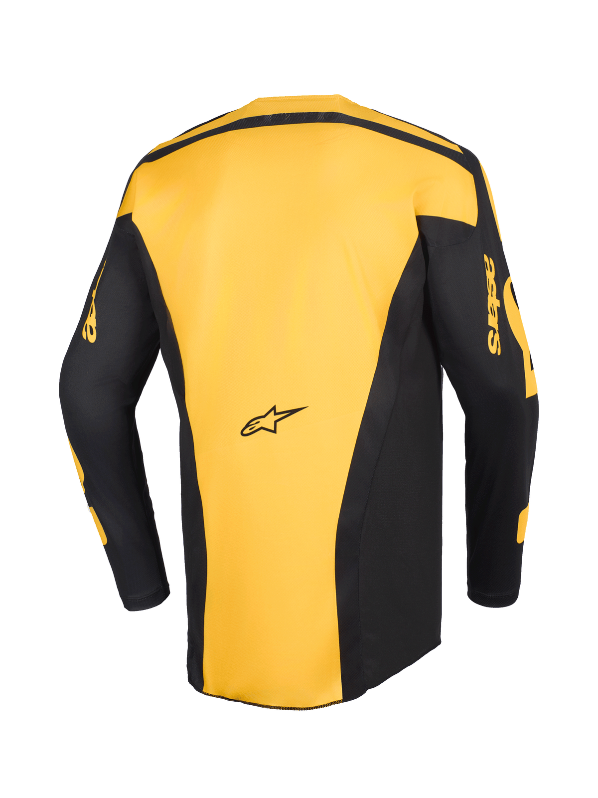 Alpinestars 2026 Racer Riway Jersey, motocross-trøje, gul og sort, set bagfra med gult midterpanel og sorte ærmer med gul 'astars' branding, ergonomisk design til off-road kørsel