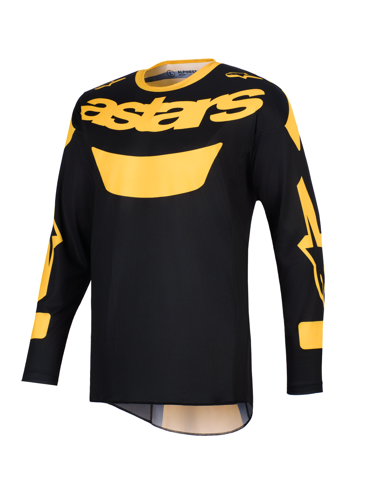 Alpinestars 2026 Racer Riway Jersey, motocross-trøje, gul og sort, med et markant gult 'astars'-logo på brystet, lange ærmer med grafiske detaljer og en letvægts polyfabric-konstruktion til off-road kørsel.