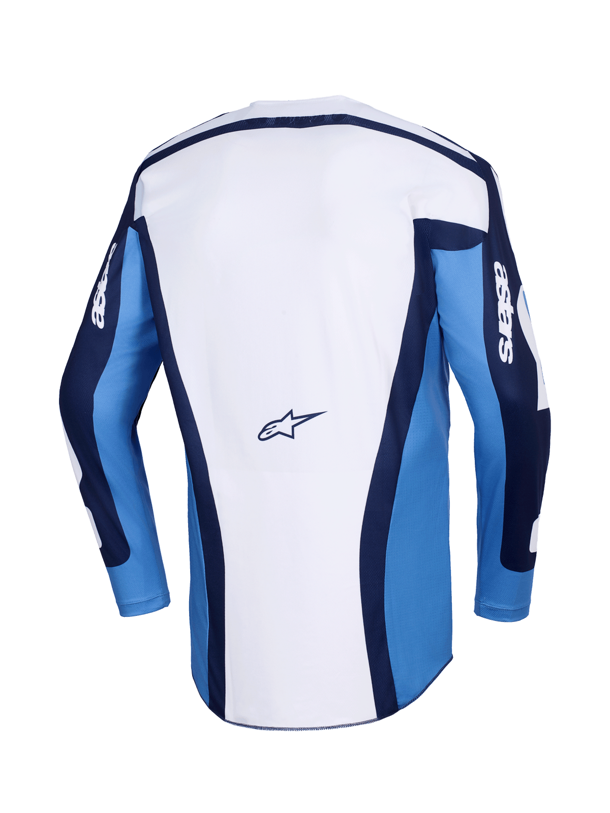 Alpinestars 2026 Racer Riway trøje, motocross trøje, UCLA Blue og hvid, set bagfra med et hvidt hovedpanel, blå ærmer og mørkeblå detaljer, lille Alpinestars-logo nederst på ryggen, atletisk pasform til off-road kørsel