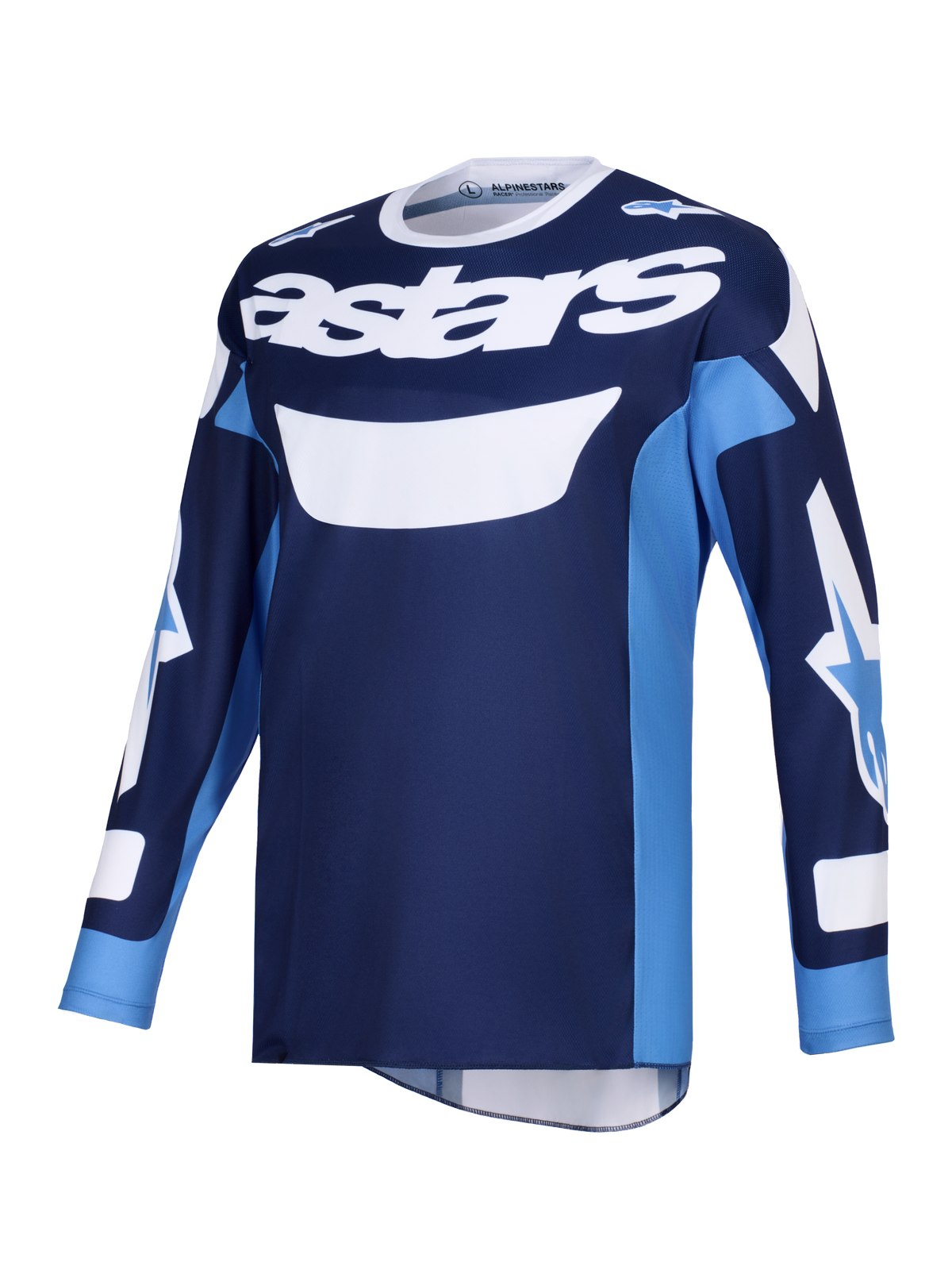 Alpinestars 2026 Racer Riway Jersey, motocross-trøje, Ucla blå og hvid, med markant hvidt 'astars'-logo på brystet, langærmet design med logoer på ærmerne, let poly-tekstil og fugttransporterende konstruktion til terrænkørsel