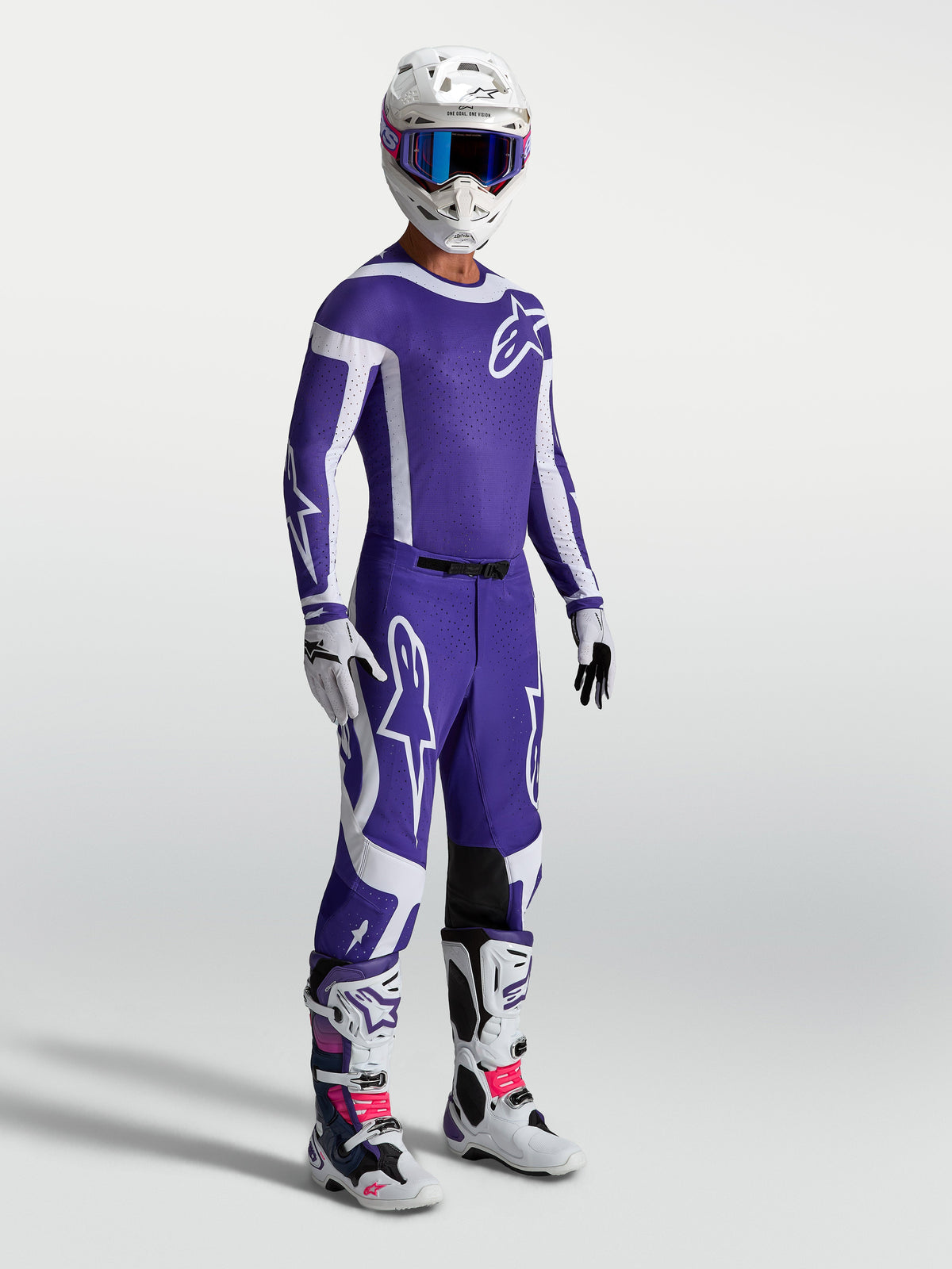 Alpinestars Supertech Vesta trøje og gearsæt til herrer, blå og hvid, atletisk pasform til motocross og terrænkørsel.