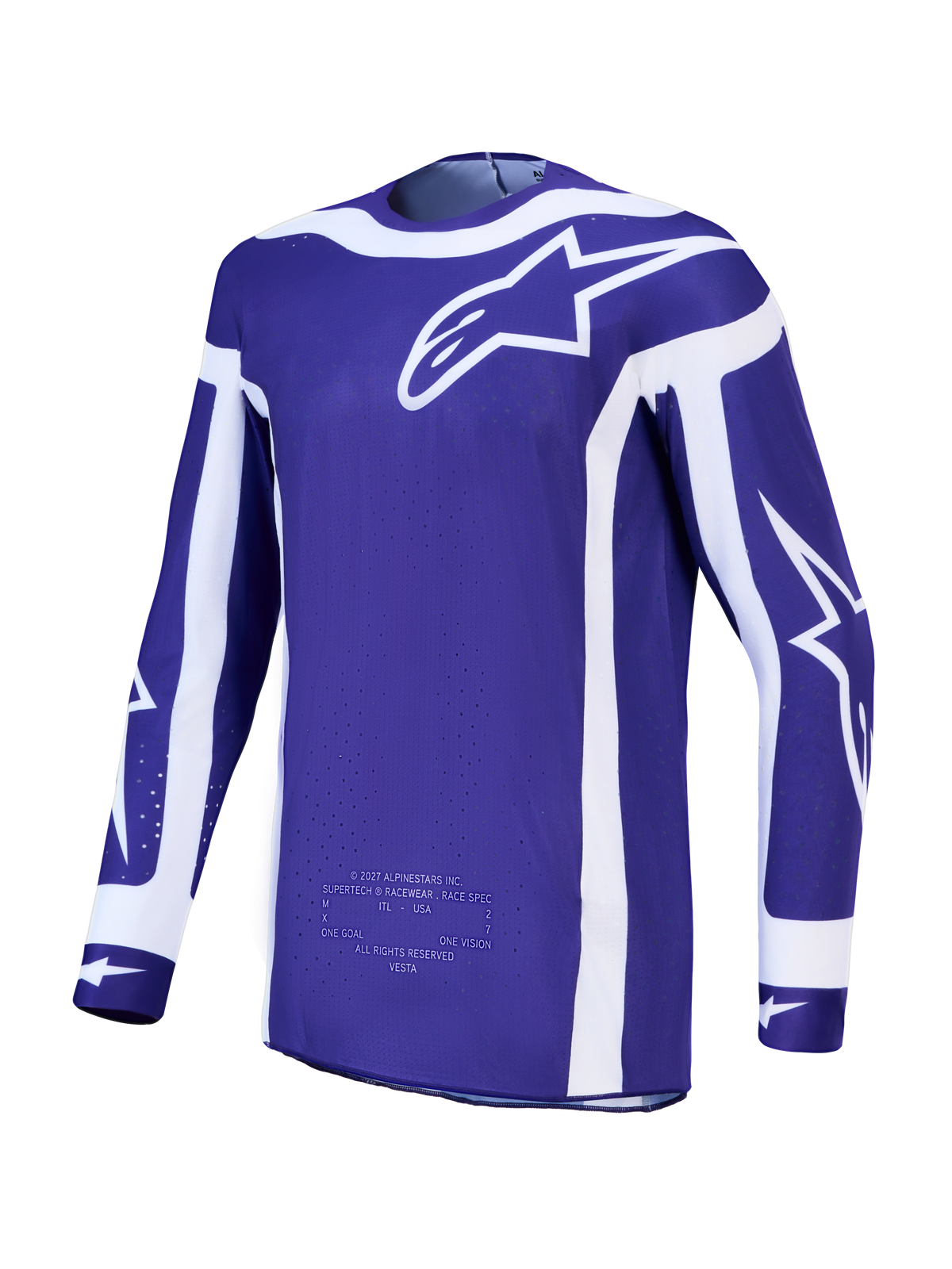 Alpinestars Supertech Vesta trøje, motocrosstrøje til herre, blå og hvid, letvægts strækmesh til terrænkørsel.