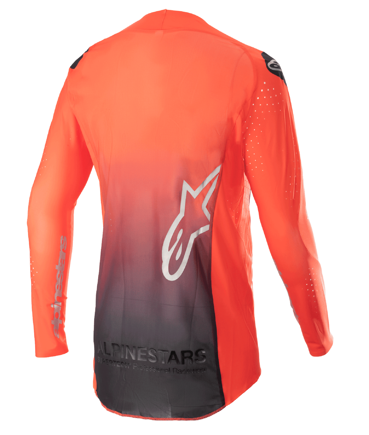 Alpinestars 2023 Supertech Risen Jersey, motocross-trøje, Hot Orange og sort, set bagfra med orange til sort farveovergang, stort hvidt stjernelogo på ryggen og åndbart mesh-materiale til off-road præstation.