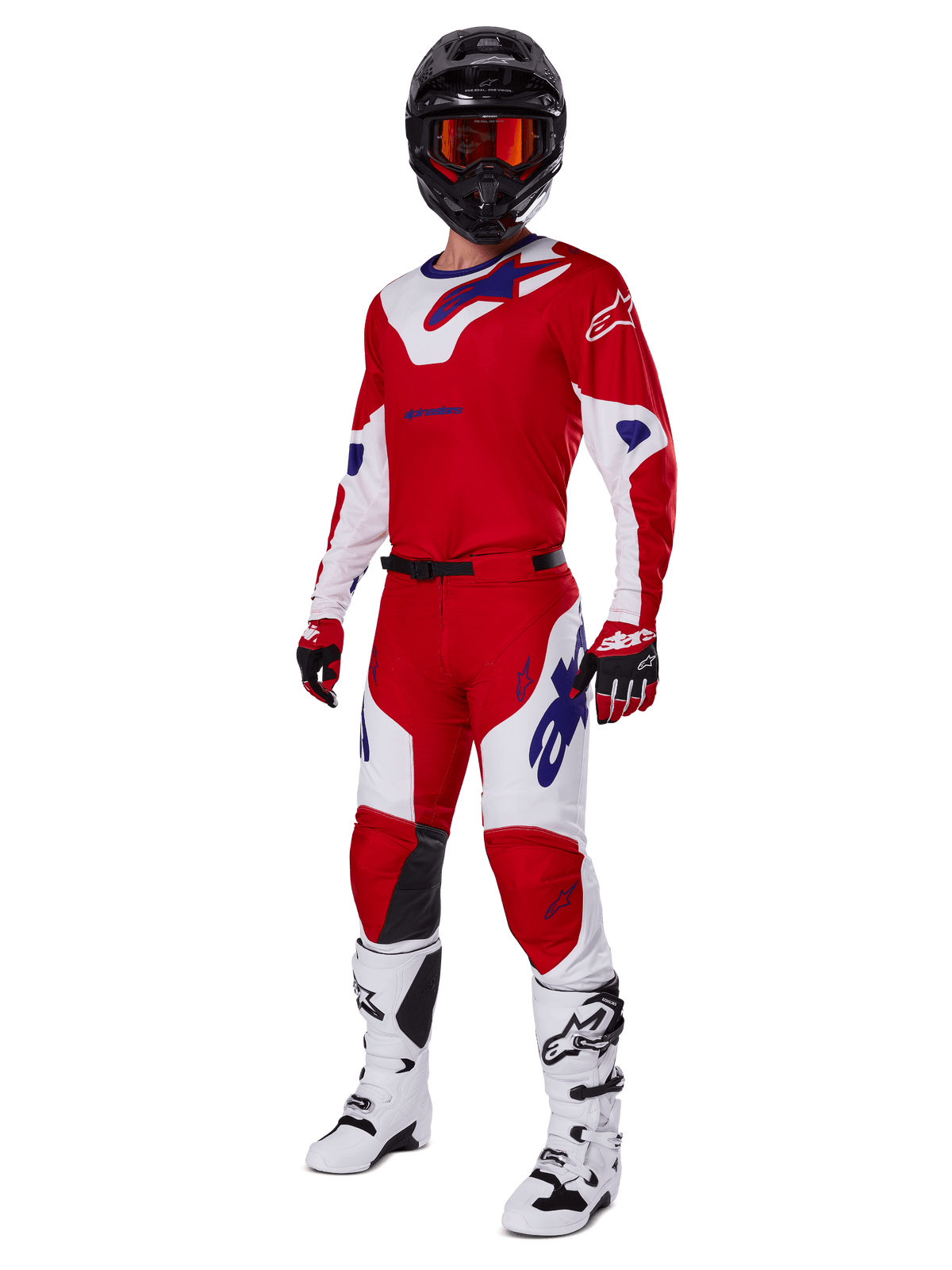 Alpinestars 2025 Racer Veil Gear Set, Motocross racing gear, Bright Red and White with Blue logo accents, worn with a black helmet, red gloves, and white boots, full protective ensemble for off-road performance