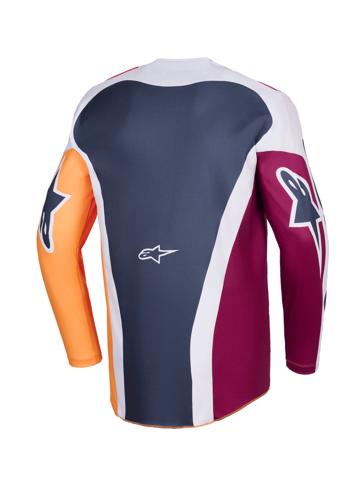 Alpinestars 2026 Racer Portl Jersey, motocross-trøje, rød, orange og mørkegrå, set bagfra med multi-panel konstruktion, hvidt Alpinestars-logo nederst på ryggen, markante grafiske logoer på de lange ærmer, præstationsudstyr til off-road kørsel