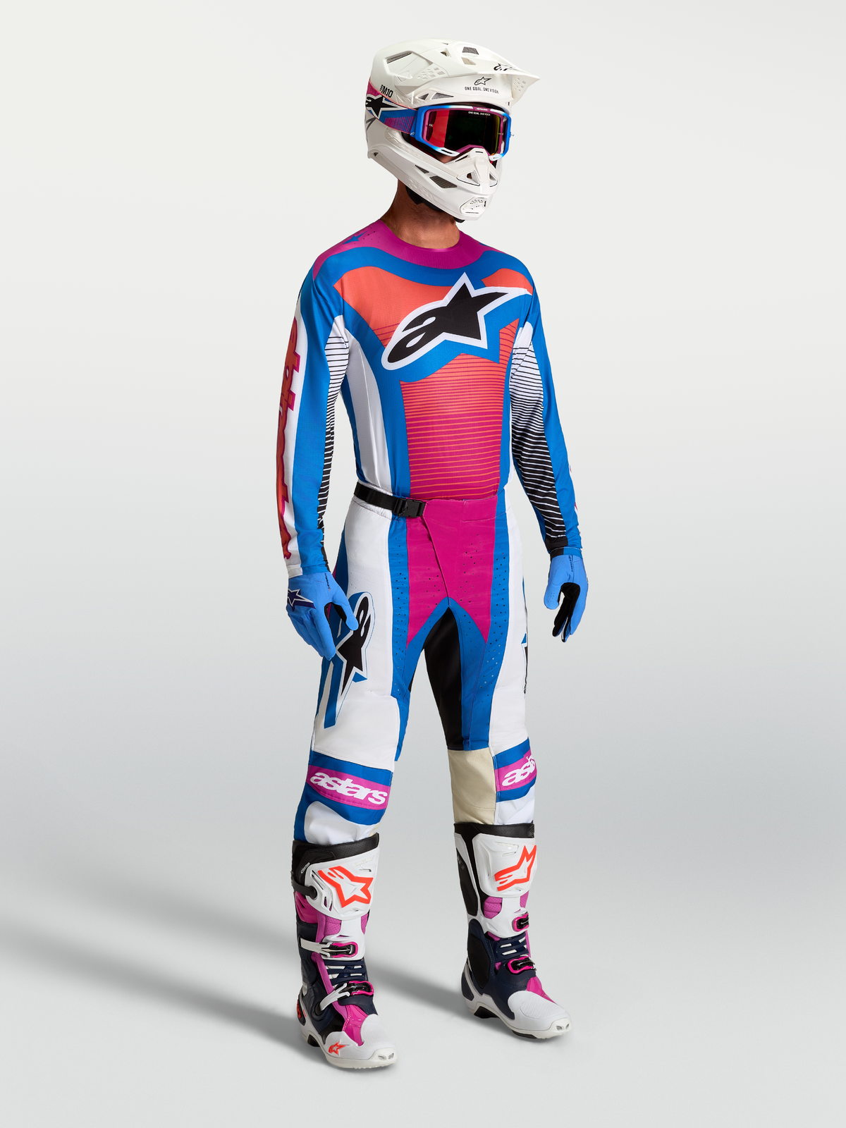 Alpinestars Techstar Maven Jersey AND Techstar Maven Gear Set, Men's Motocross Outfit, Blue and Hot Coral, athletic fit.