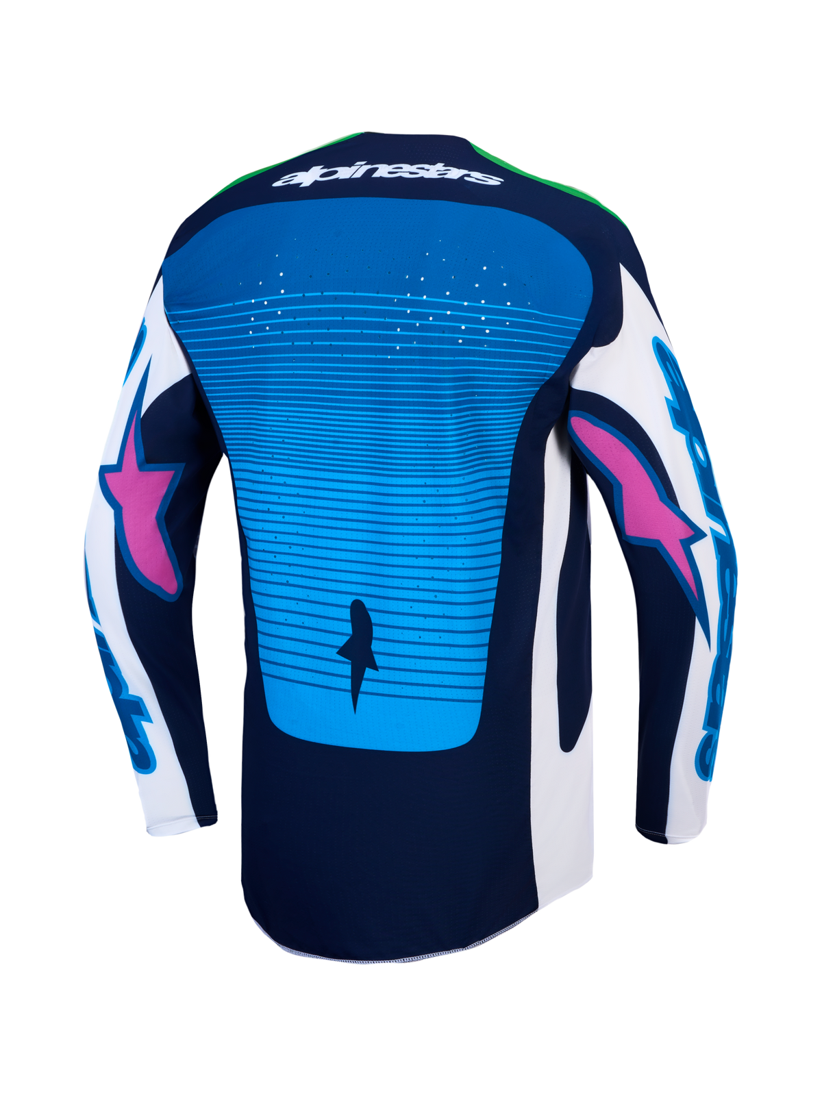 Alpinestars Techstar Maven trøje og udstyrssæt, blå og mørkeblå motocrosstrøje set bagfra med laserskåret ventilation.