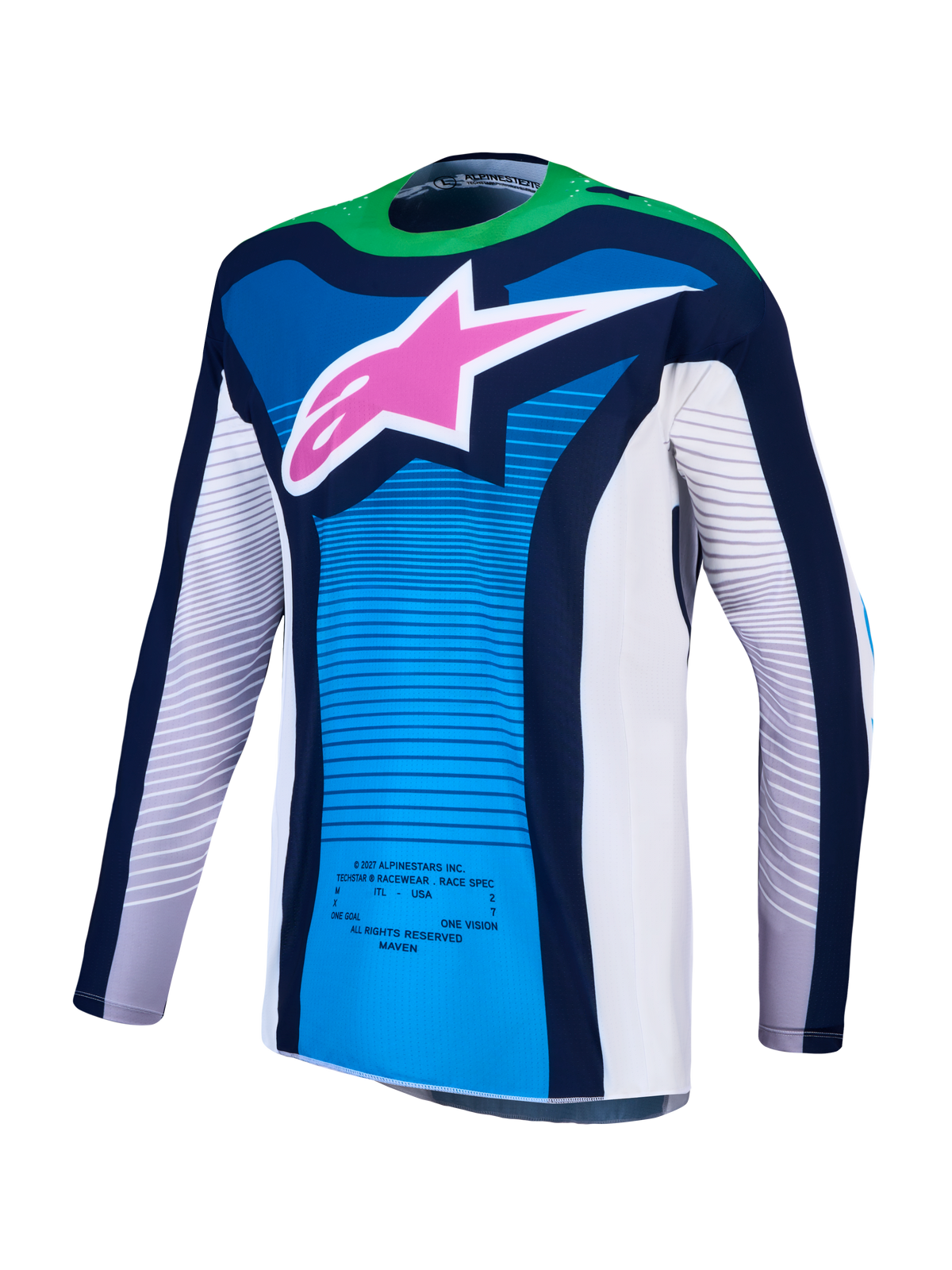 Alpinestars Techstar Maven trøje og 2027 Techstar Maven udstyrssæt, blå og neongrøn motocrosstrøje med pink stjernelogo.
