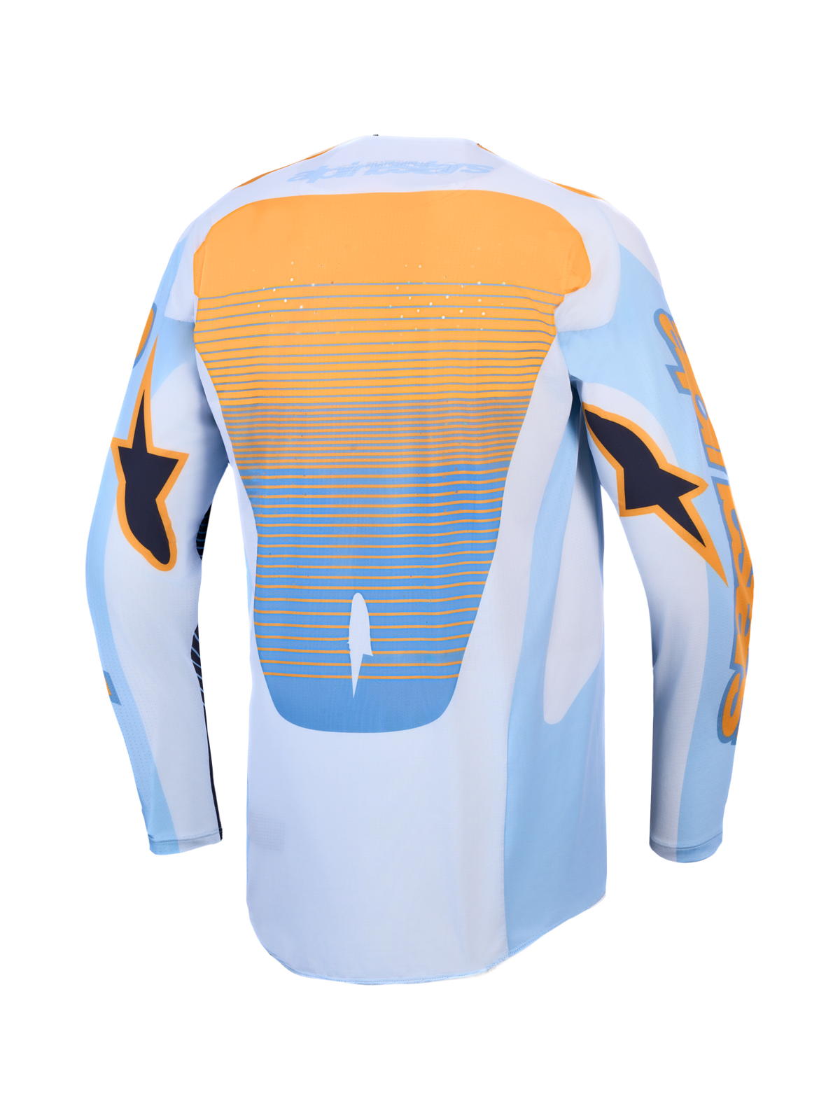 Alpinestars Techstar Maven trøje, blå og orange motocrosstrøje set bagfra med laserskåret ventilation og forlænget ryg.
