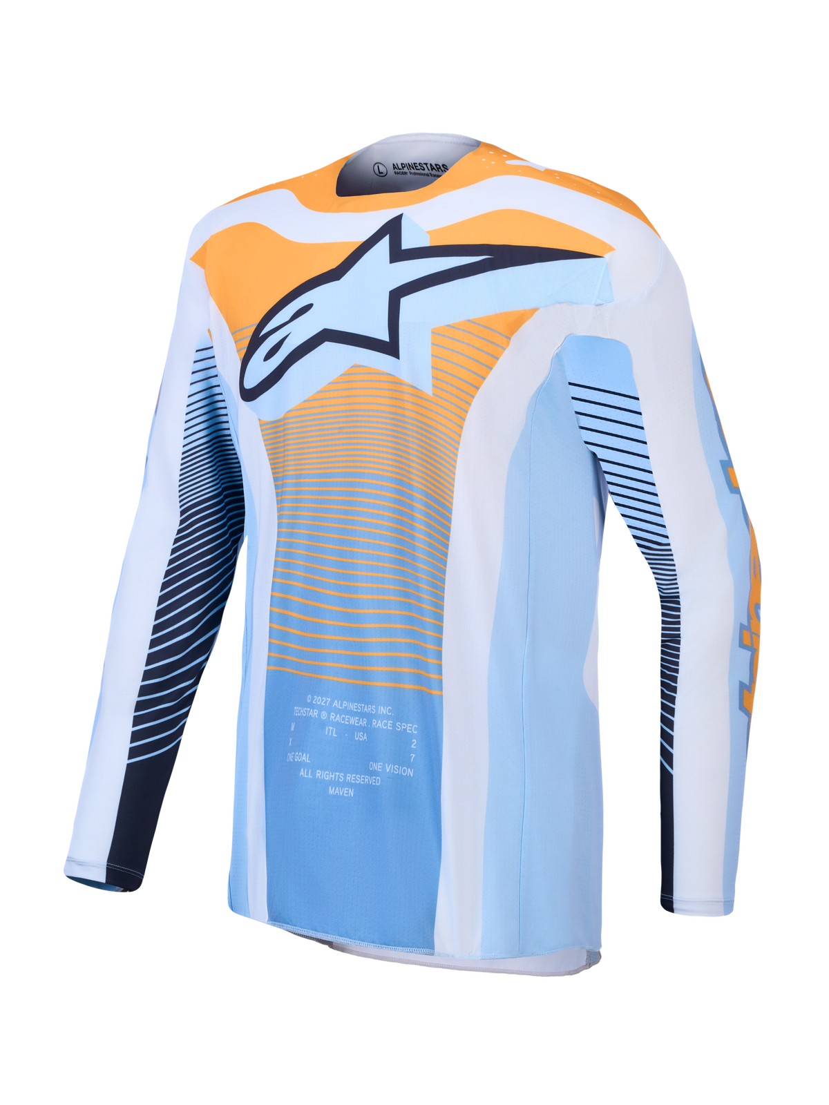 Alpinestars Techstar Maven trøje, blå og orange motocross-trøje med atletisk pasform og åndbart materiale.