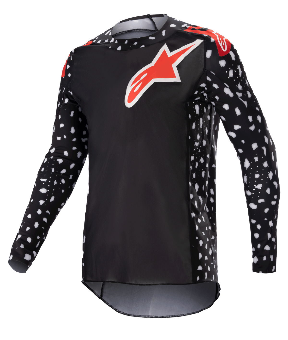 Alpinestars 2023 Supertech North Jersey, Motocross Jersey, Black and Neon Red, long sleeves with white speckle pattern, red and white star logos on chest and shoulders, lightweight performance mesh with athletic race fit