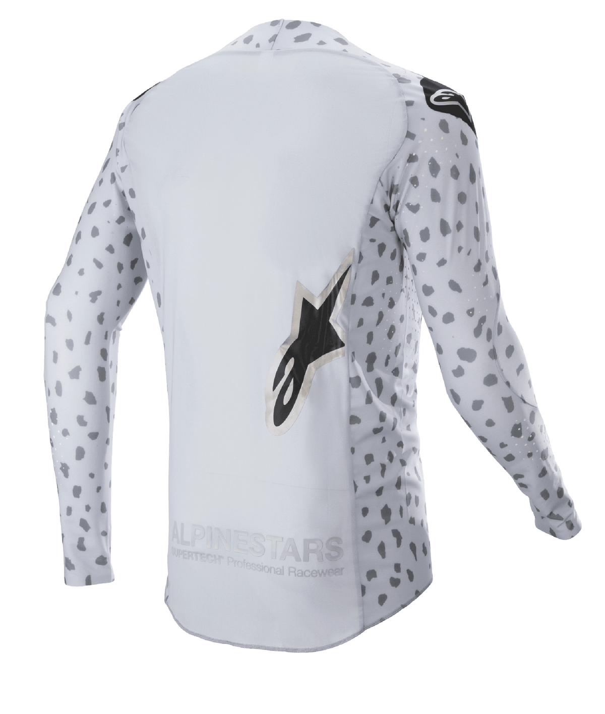 Alpinestars 2023 Supertech North Jersey, motocrosstrøje, Haze Gray og sort, set bagfra med abstrakt plettet mønster på ærmer og sider, stort stjernelogo, forlænget bagpanel og åndbar performance-konstruktion
