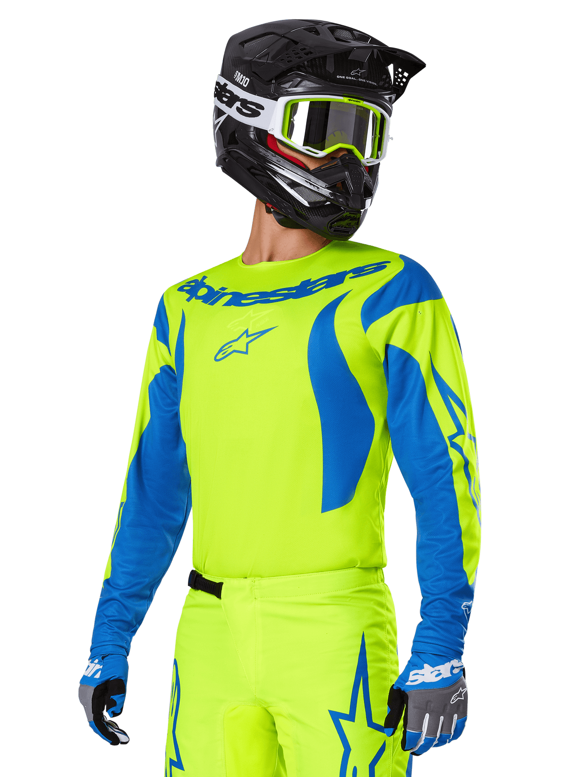 Alpinestars 2025 Fluid Haul Gear Set, Motocross Jersey and Pants, Bright Yellow and Blue, worn with a black helmet and yellow-framed goggles, features wave-like blue patterns on the sleeves and blue star logos on the pants, coordinated off-road racing outfit