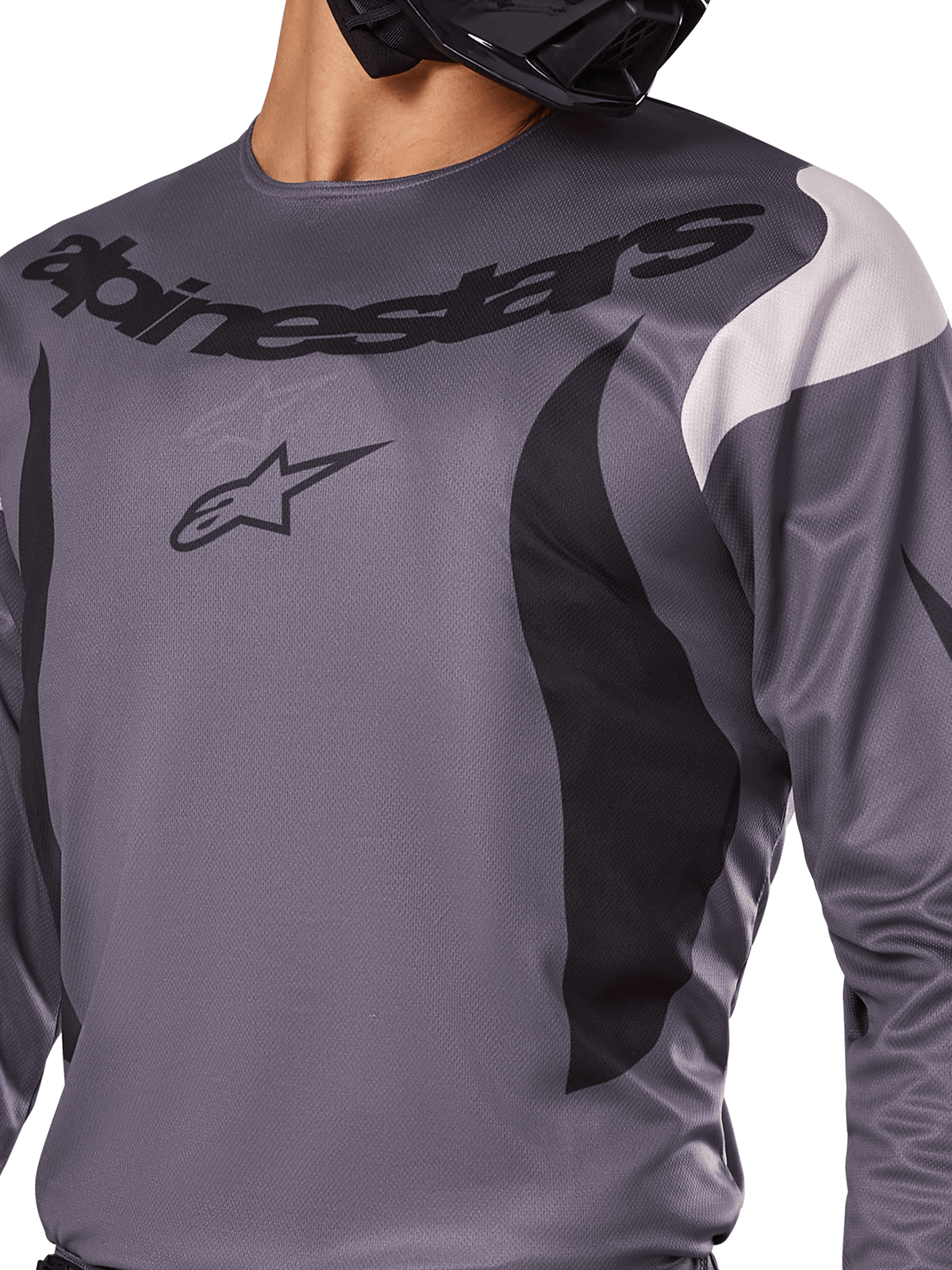 Alpinestars 2025 Fluid Haul trøje, motocross-trøje, grå med sorte og hvide detaljer, Alpinestars-logo og tekst på brystet, sportspasform til off-road kørsel