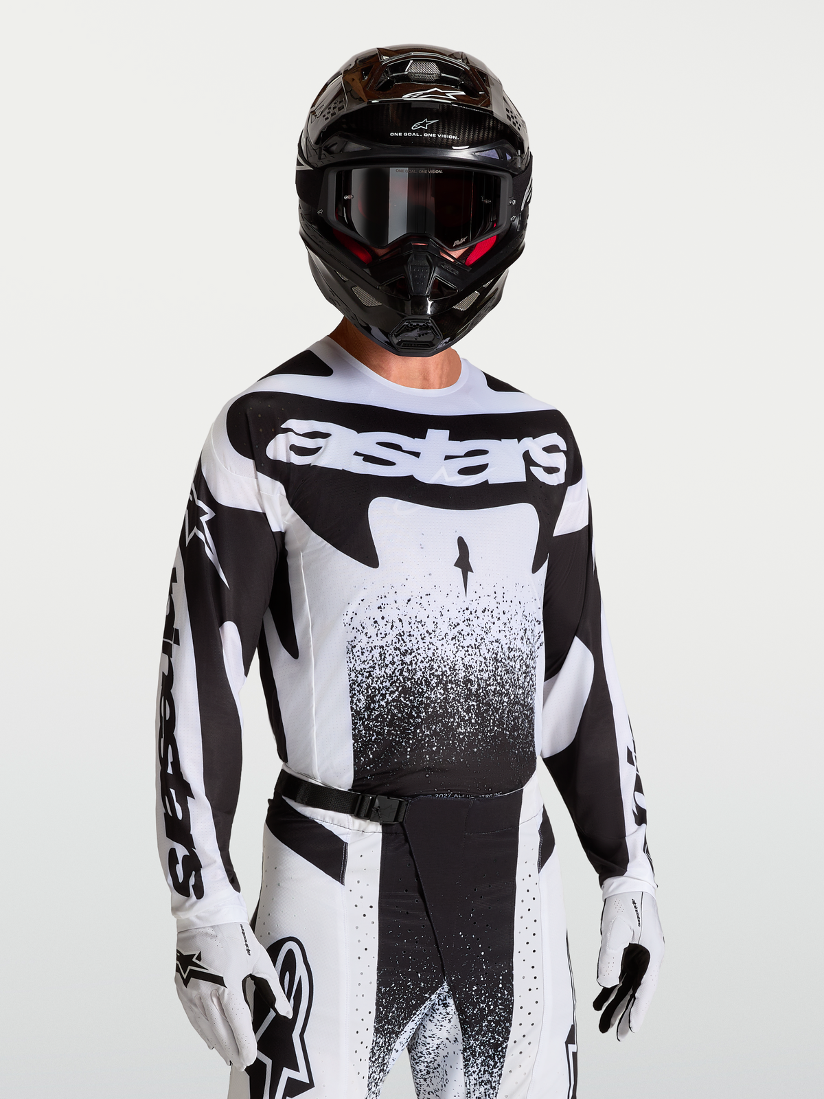 Alpinestars Techstar Swan Jersey, men's black and white motocross jersey with athletic fit and laser-cut ventilation.