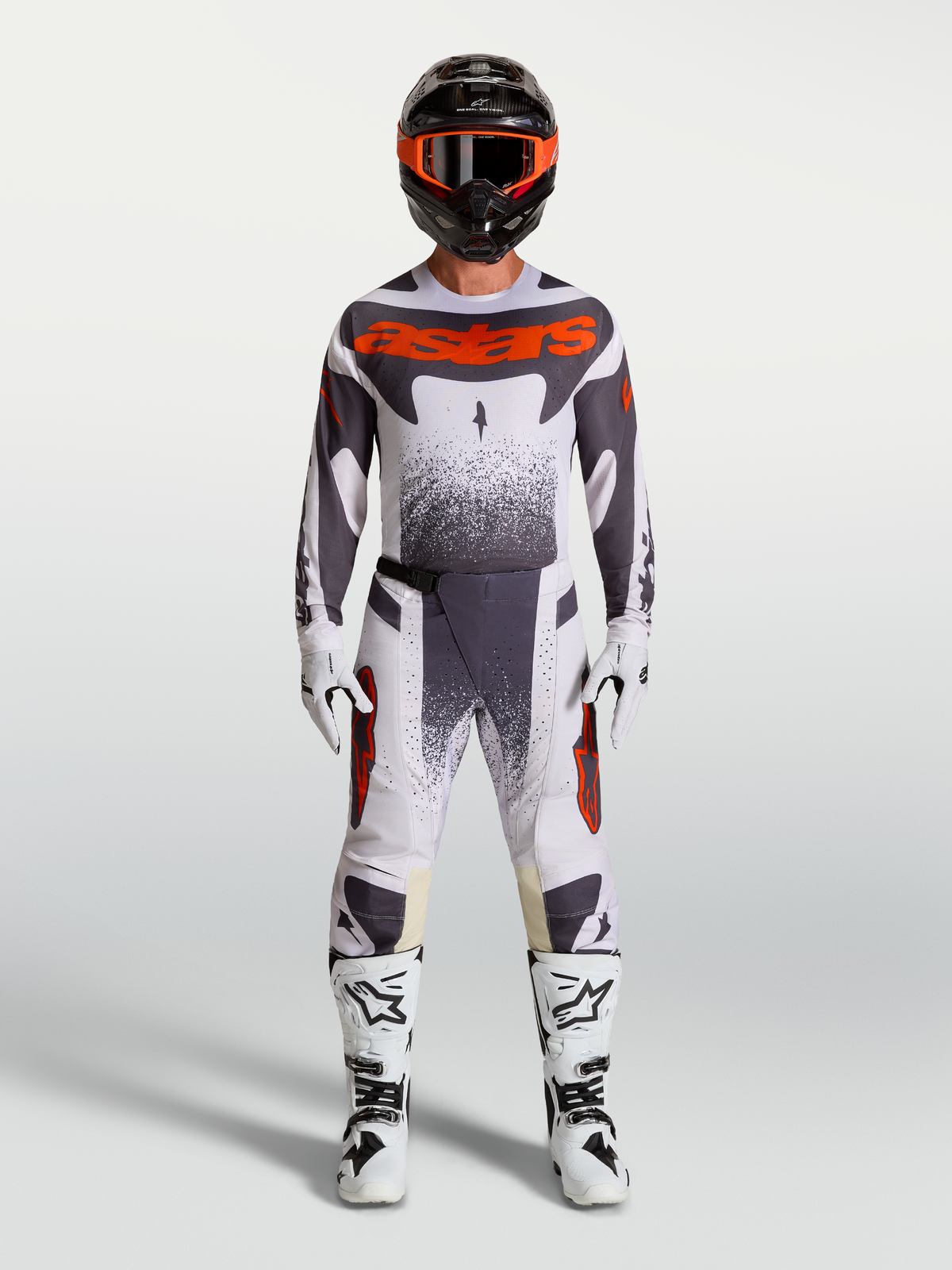 Alpinestars Techstar Swan MX udstyrssæt, trøje og bukser til motocross, grå og rød fluo, performance racing