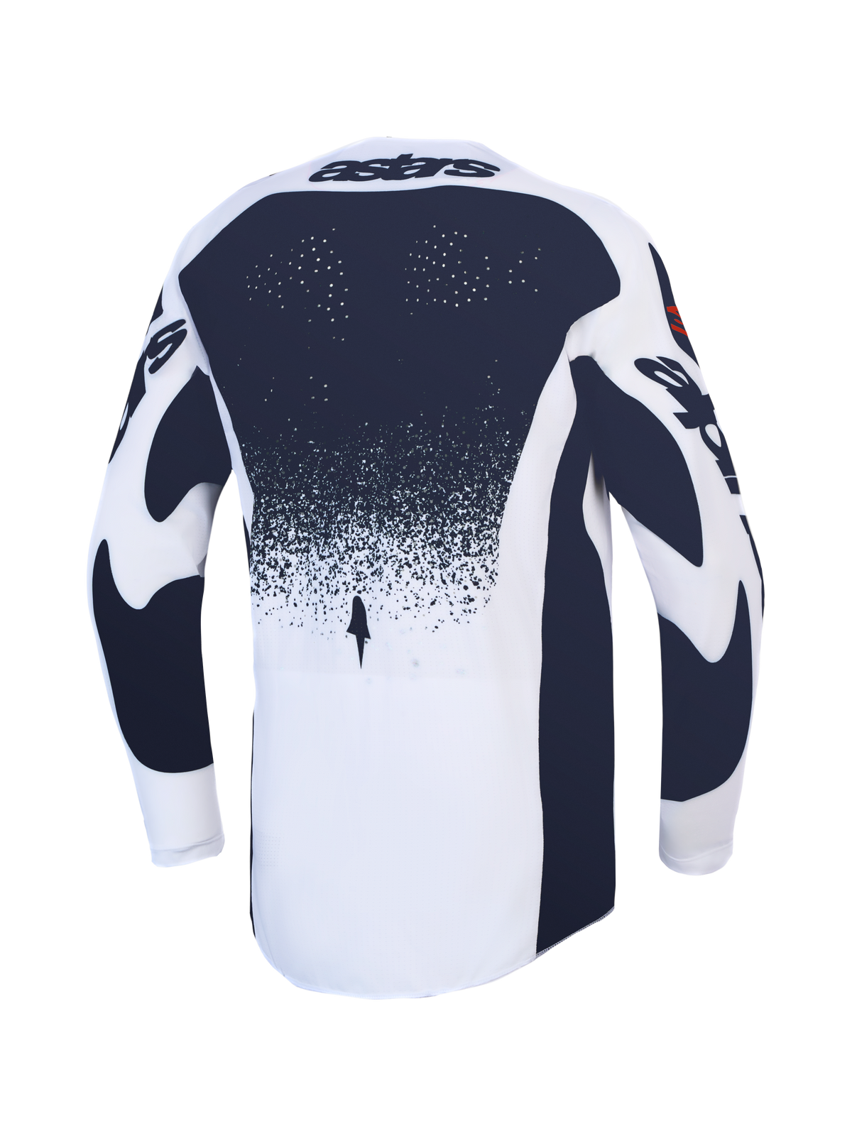 Alpinestars Techstar Swan Trøje, atletisk motocrosstrøje i hvid og mørkegrå med laserskårne perforeringer, set bagfra.