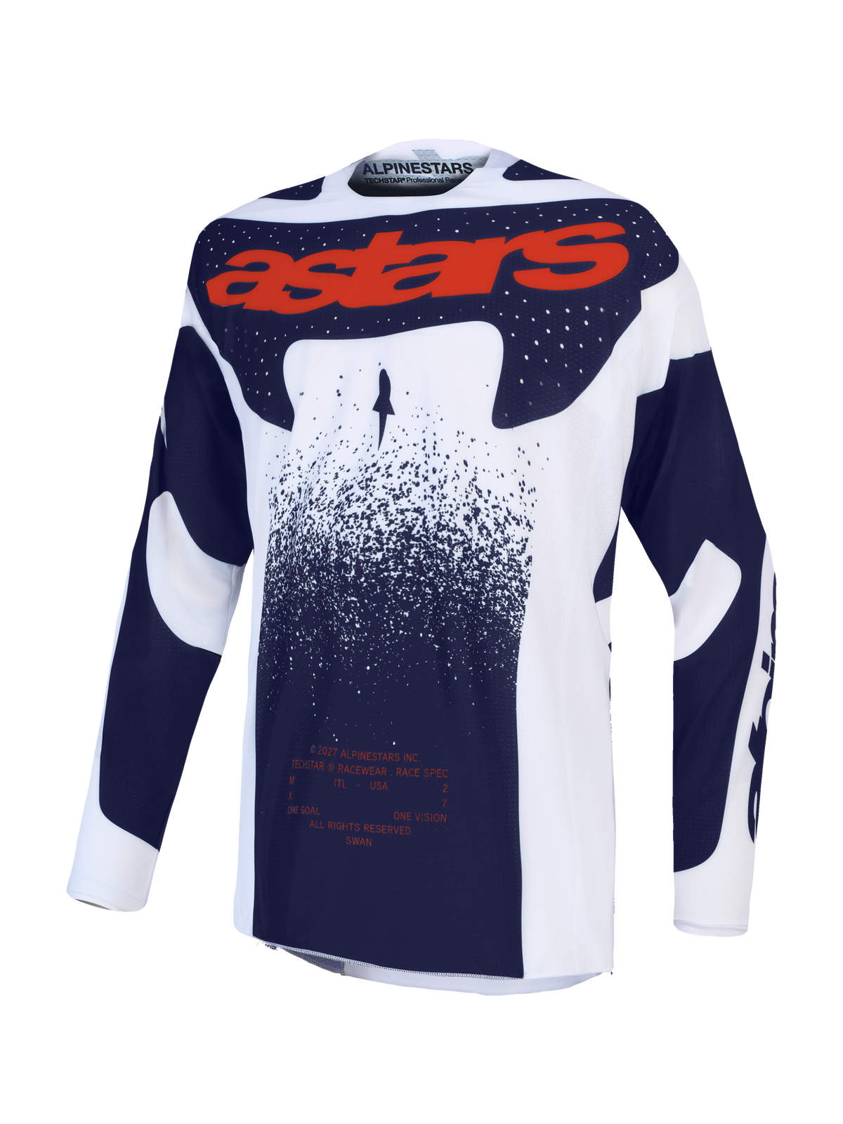 Alpinestars Techstar Swan trøje, atletisk race-fit motocrosstop i lys lilla, mørkegrå og fluorescerende rød tekstil med laserperforeringer og Swan-grafik