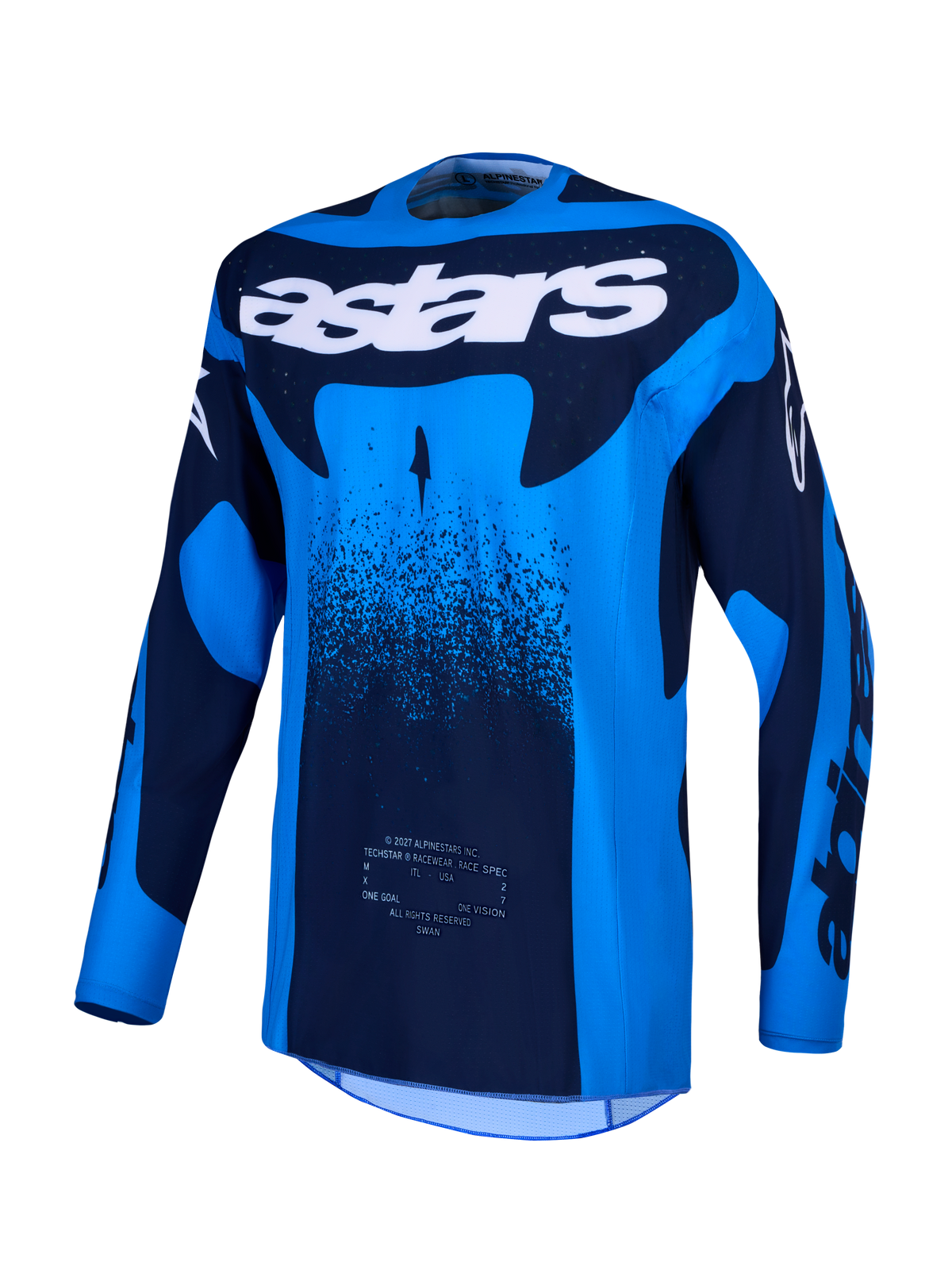 Alpinestars Techstar Swan Trøje, langærmet motocrosstrøje til herrer, blå og mørkeblå, fugttransporterende materiale med laserskåret ventilation, designet til off-road kørsel.