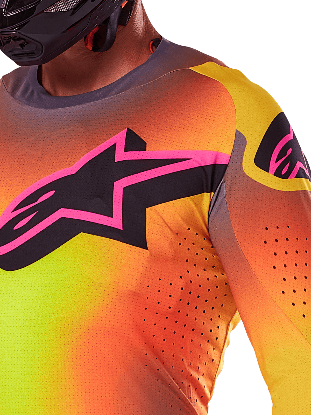 Alpinestars 2025 Supertech Lipan Jersey, Yellow Pink, nærbillede med farverigt gradientdesign, stort sort stjerne-logo med lyserød kant på brystet, synlige laserskårne perforeringer for øget luftgennemstrømning, motocross-udstyr