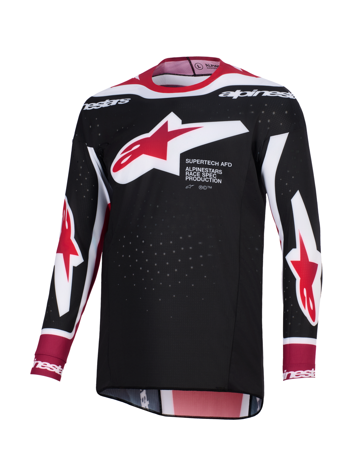 Alpinestars 2026 Supertech AFD Vista trøje, motocross-trøje, sort, rød og hvid, med stort rødt og hvidt Alpinestars-stjernelogo på brystet og 'Supertech AFD'-tekst, perforeret mesh-materiale for ventilation, atletisk racing-pasform.