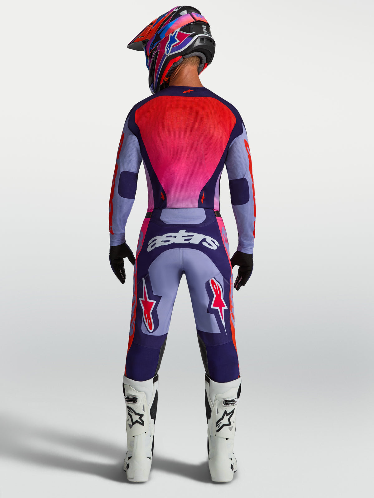 Alpinestars Racer Air Hunt trøje, motocrosstrøje til mænd, lilla og pink mesh, set bagfra med ergonomisk race-pasform.