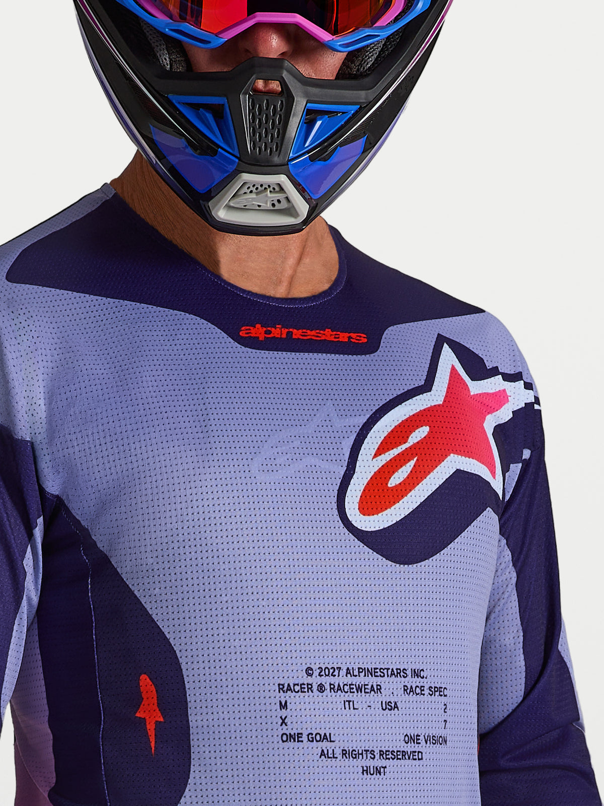 Alpinestars Racer Air Hunt trøje i lilla mesh, åndbar motocross-trøje til terrænkørsel i varmt vejr.