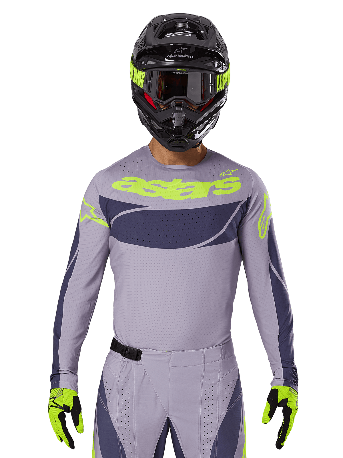 2025 Techstar Dreem jersey- og udstyrssæt, motocross-raceroutfit, lysegrå og mørkegrå med neongule detaljer, med 'astars'-branding, vist med sort hjelm, goggles og matchende handsker, teknisk perforeret materiale til off-road-brug