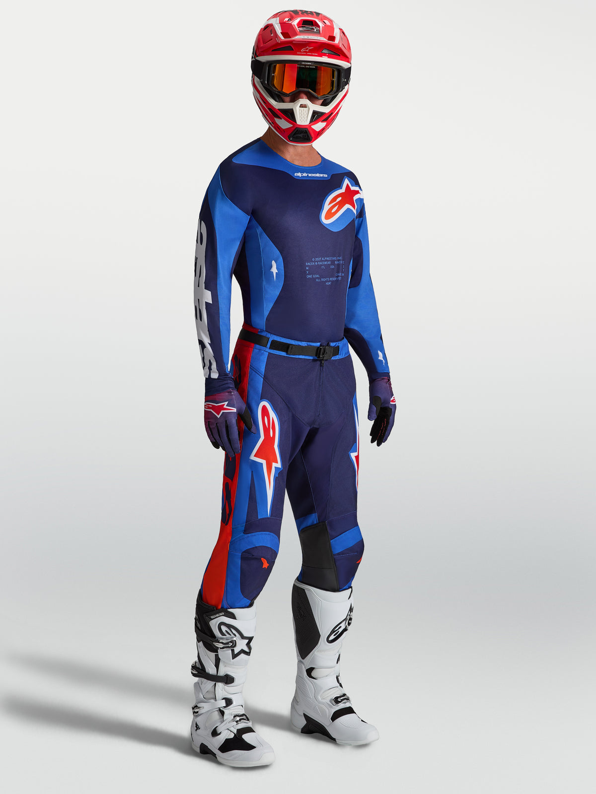 Alpinestars Racer Hunt trøje, herre-motocrosstrøje i blå og rød, fugttransporterende poly-stof med ergonomisk racepasform.