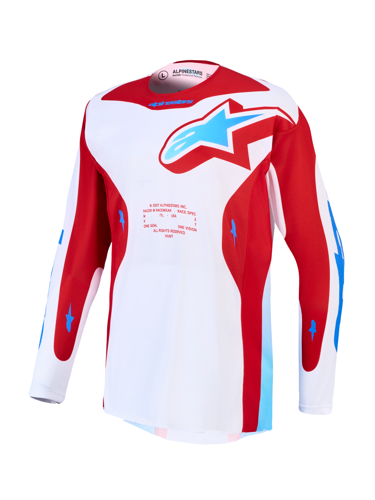 Alpinestars Racer Hunt trøje, hvid og rød motocrosstrøje med blå detaljer og ventilerede mesh-paneler.