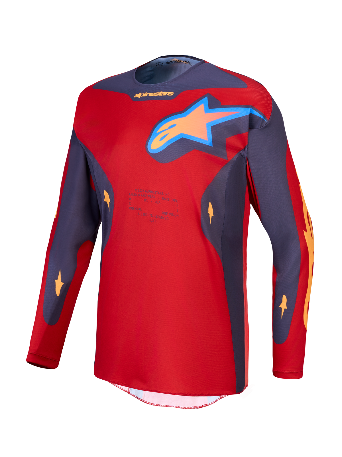 Alpinestars Racer Hunt trøje, herremotocrosstrøje til racing, rød og grå, fugttransporterende poly-stof med stjernelogo