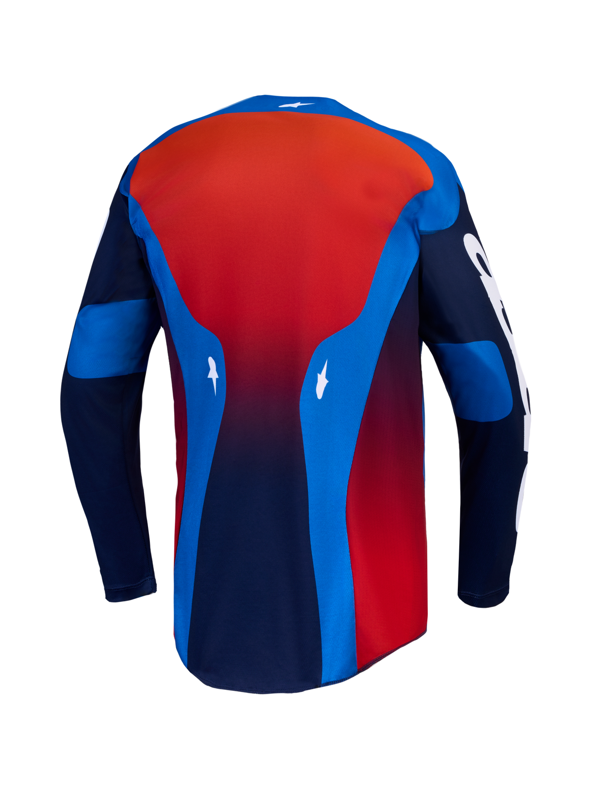 Alpinestars Racer Hunt trøje, langærmet herre-motocrosstrøje set bagfra, blå og rød, fugttransporterende materiale med forlænget bagstykke til terrænkørsel.