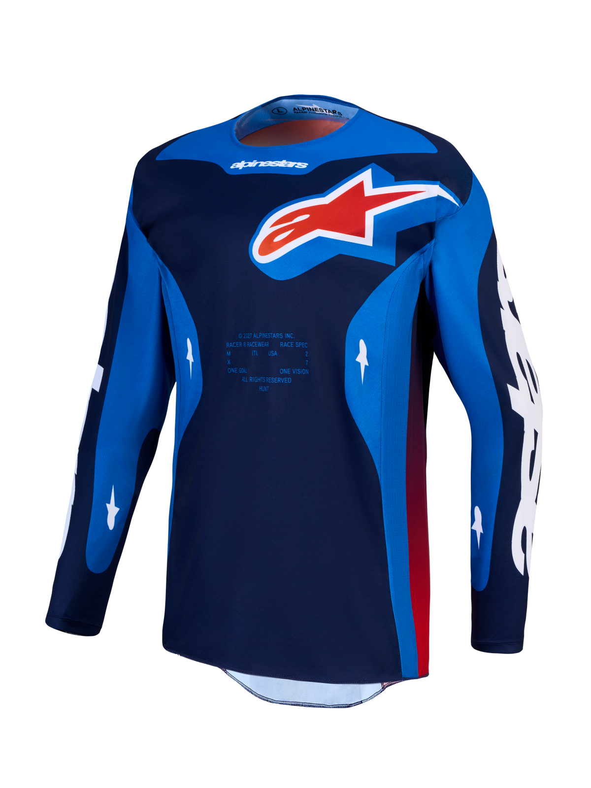 Alpinestars Racer Hunt trøje, herre-motocrosstrøje, blå og rød, fugttransporterende letvægts polyfabrik.