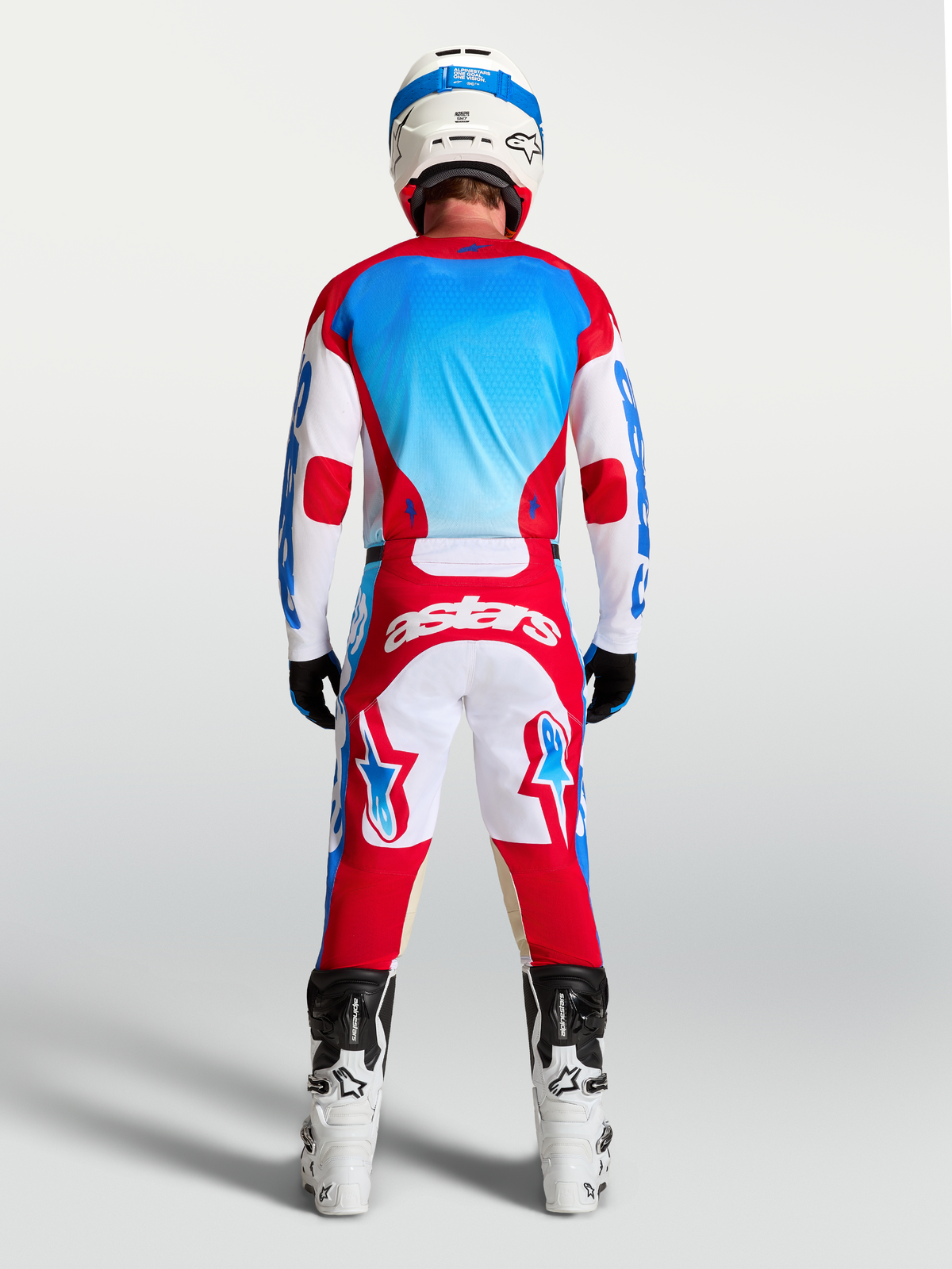 Alpinestars Racer Hunt trøje, herre-motocrosstrøje i rød, hvid og blå, fugttransporterende poly-stof, vist bagfra